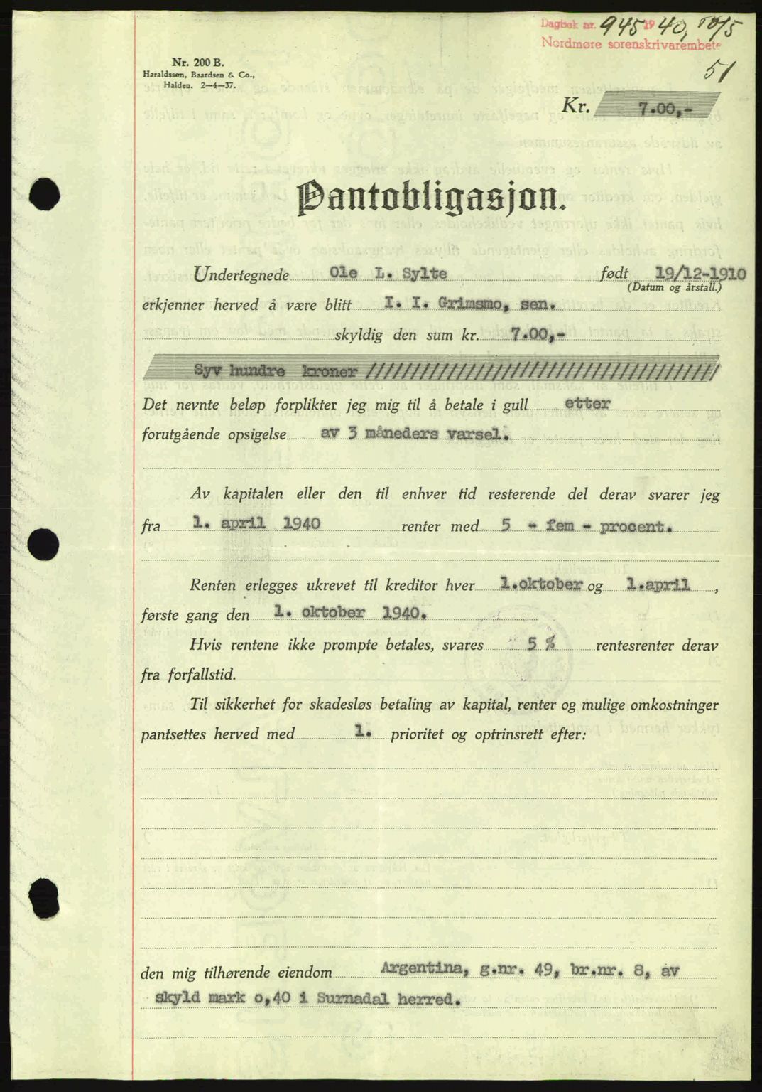 Nordmøre sorenskriveri, AV/SAT-A-4132/1/2/2Ca: Mortgage book no. B87, 1940-1941, Diary no: : 945/1940