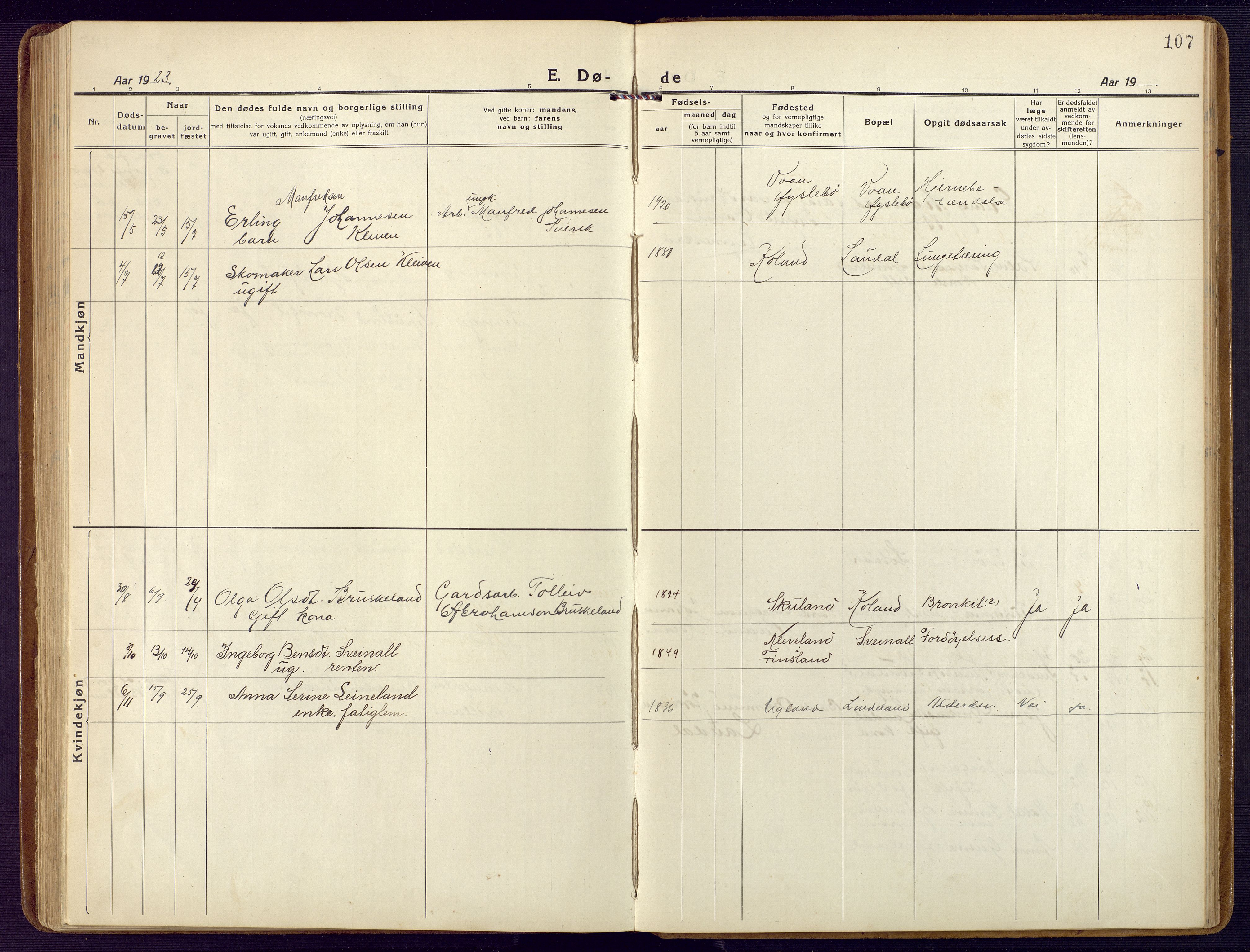 Holum sokneprestkontor, AV/SAK-1111-0022/F/Fb/Fbb/L0005: Parish register (copy) no. B 5, 1920-1945, p. 107