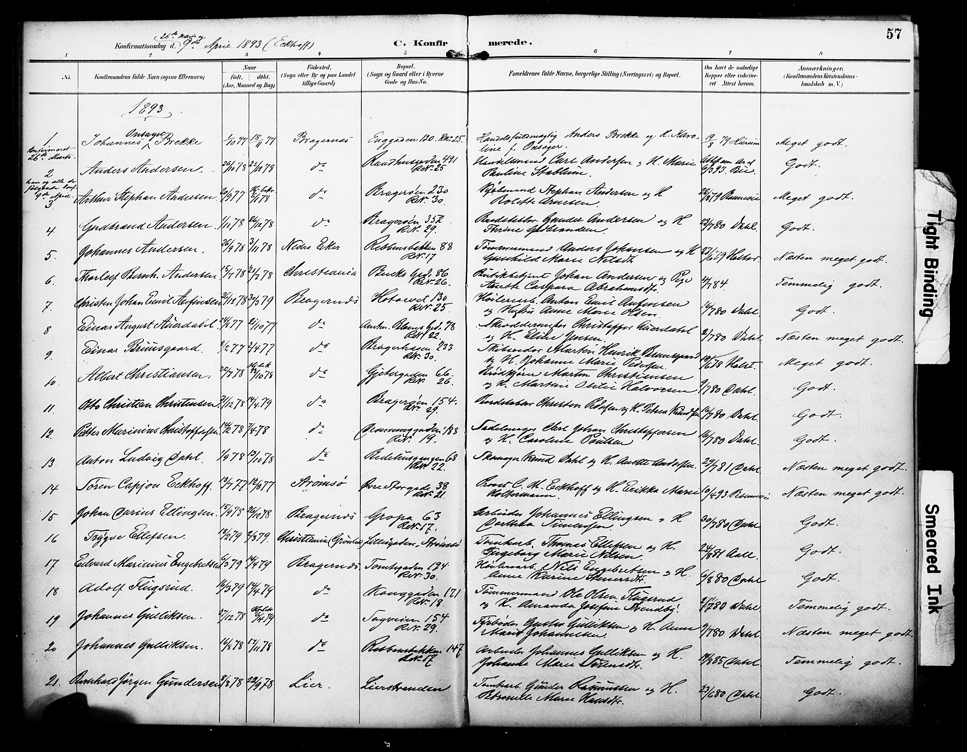 Bragernes kirkebøker, AV/SAKO-A-6/F/Fc/L0006: Parish register (official) no. III 6, 1888-1899, p. 57