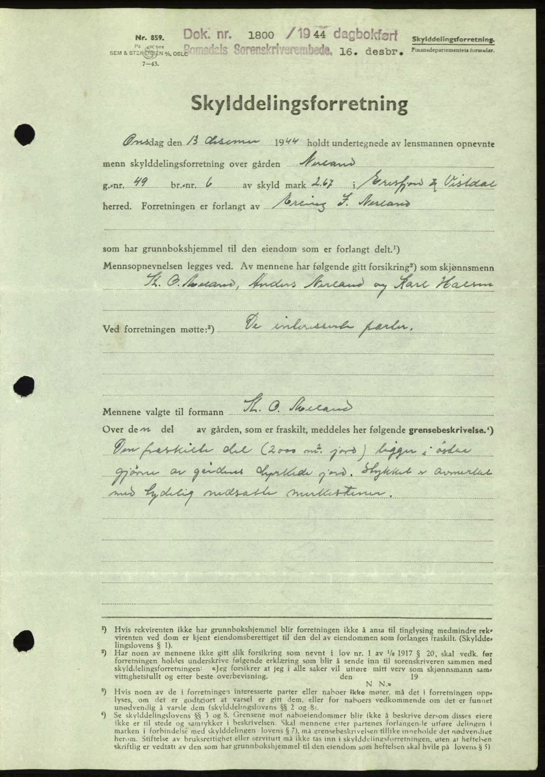 Romsdal sorenskriveri, AV/SAT-A-4149/1/2/2C: Mortgage book no. A17, 1944-1945, Diary no: : 1800/1944