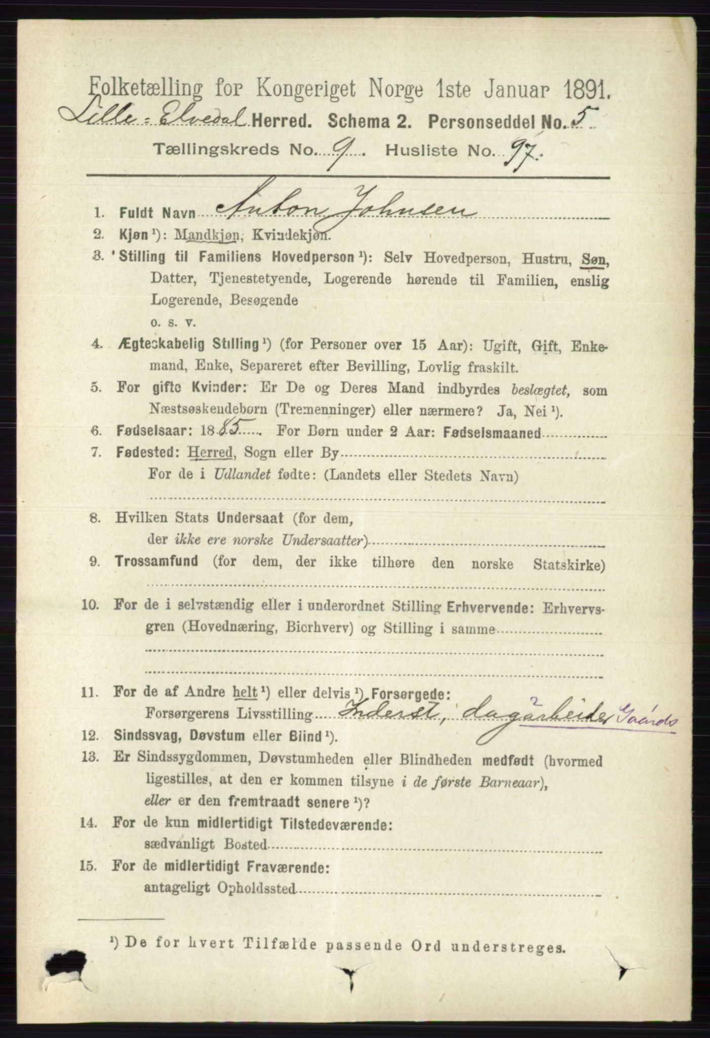 RA, 1891 census for 0438 Lille Elvedalen, 1891, p. 3350