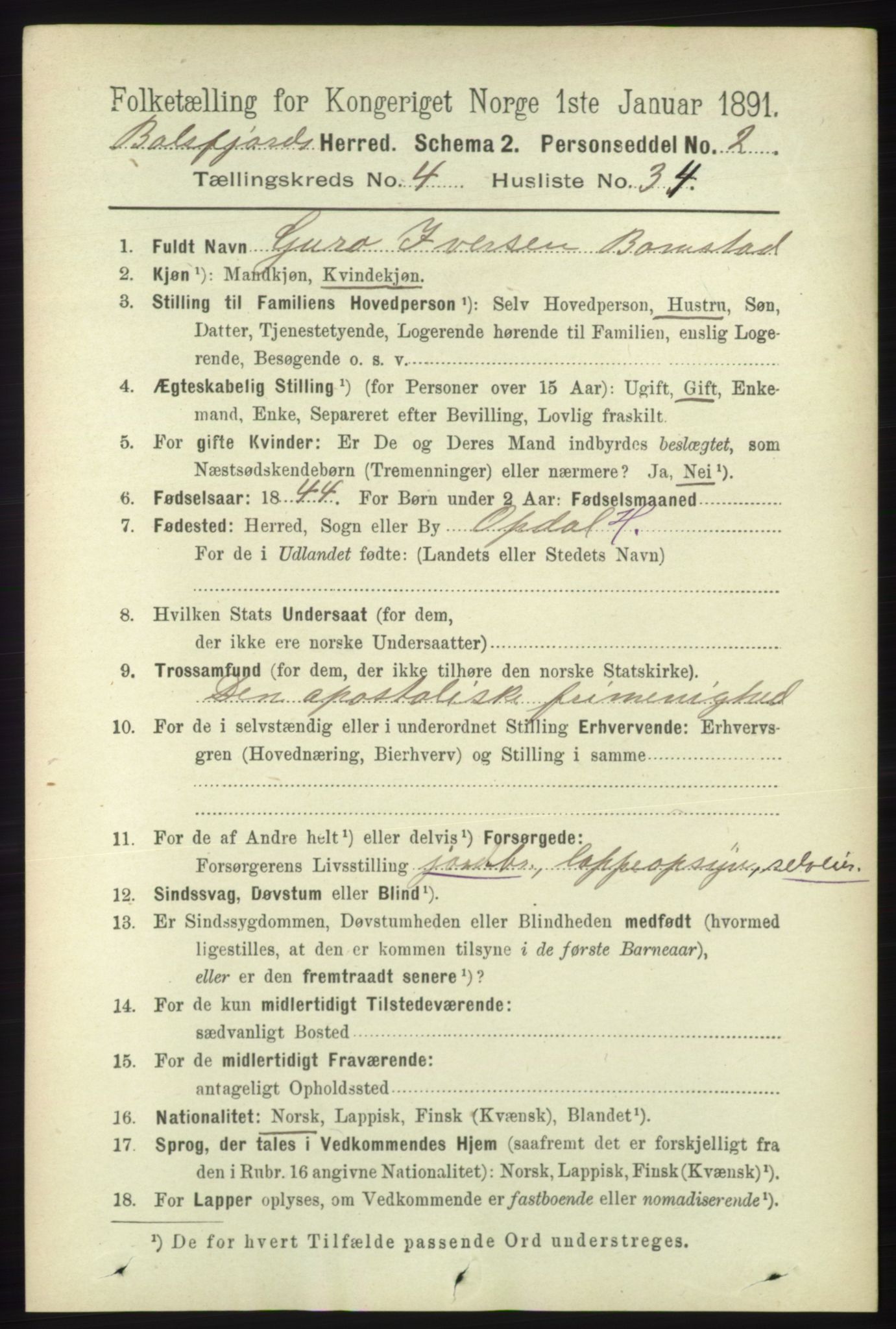 RA, 1891 census for 1933 Balsfjord, 1891, p. 1360