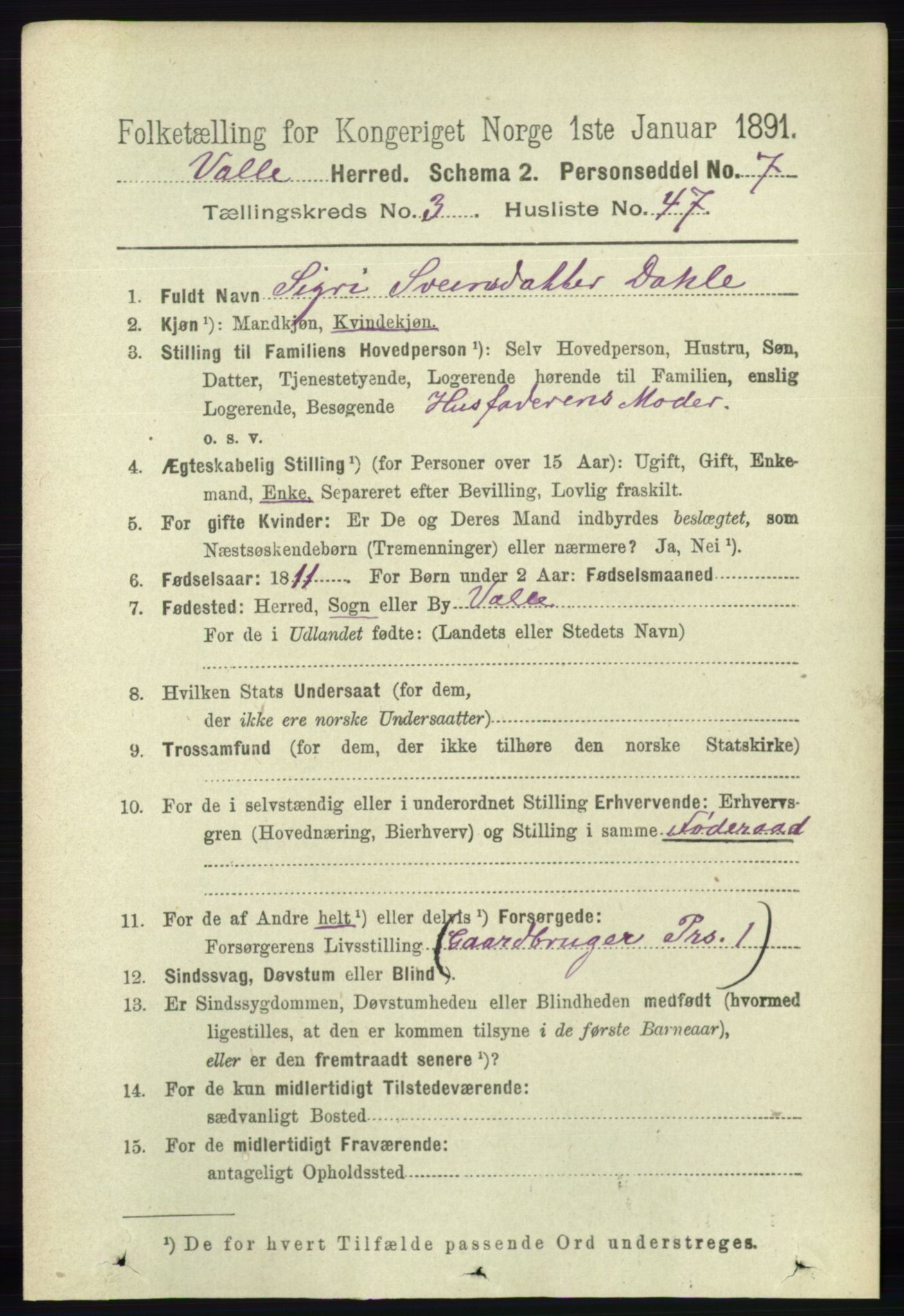 RA, 1891 census for 0940 Valle, 1891, p. 940