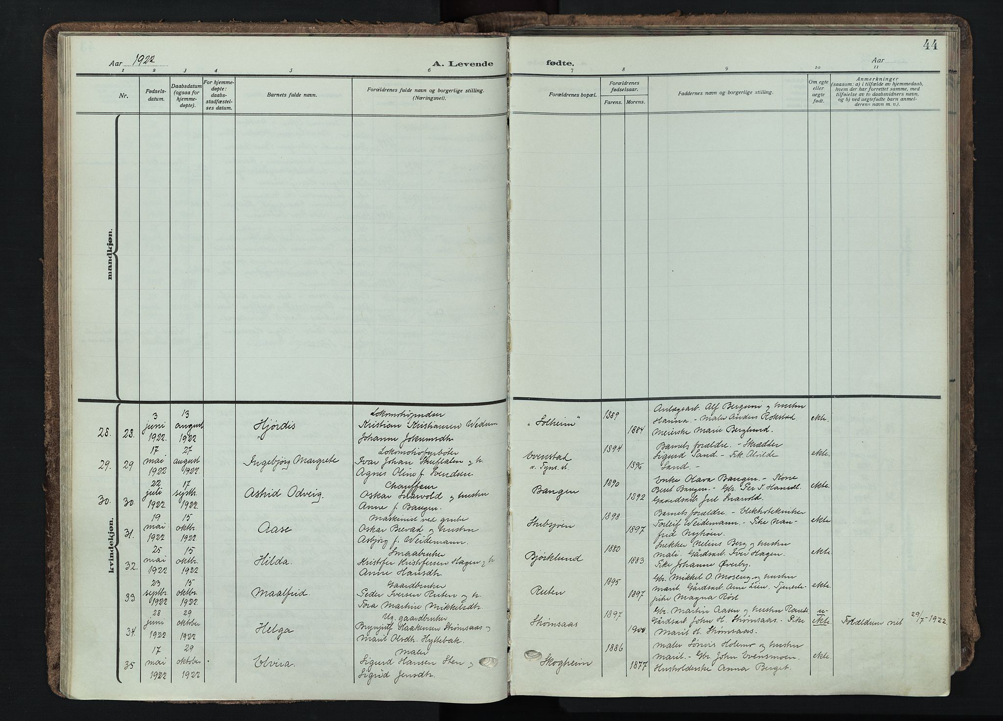 Tynset prestekontor, AV/SAH-PREST-058/H/Ha/Haa/L0026: Parish register (official) no. 26, 1915-1929, p. 44