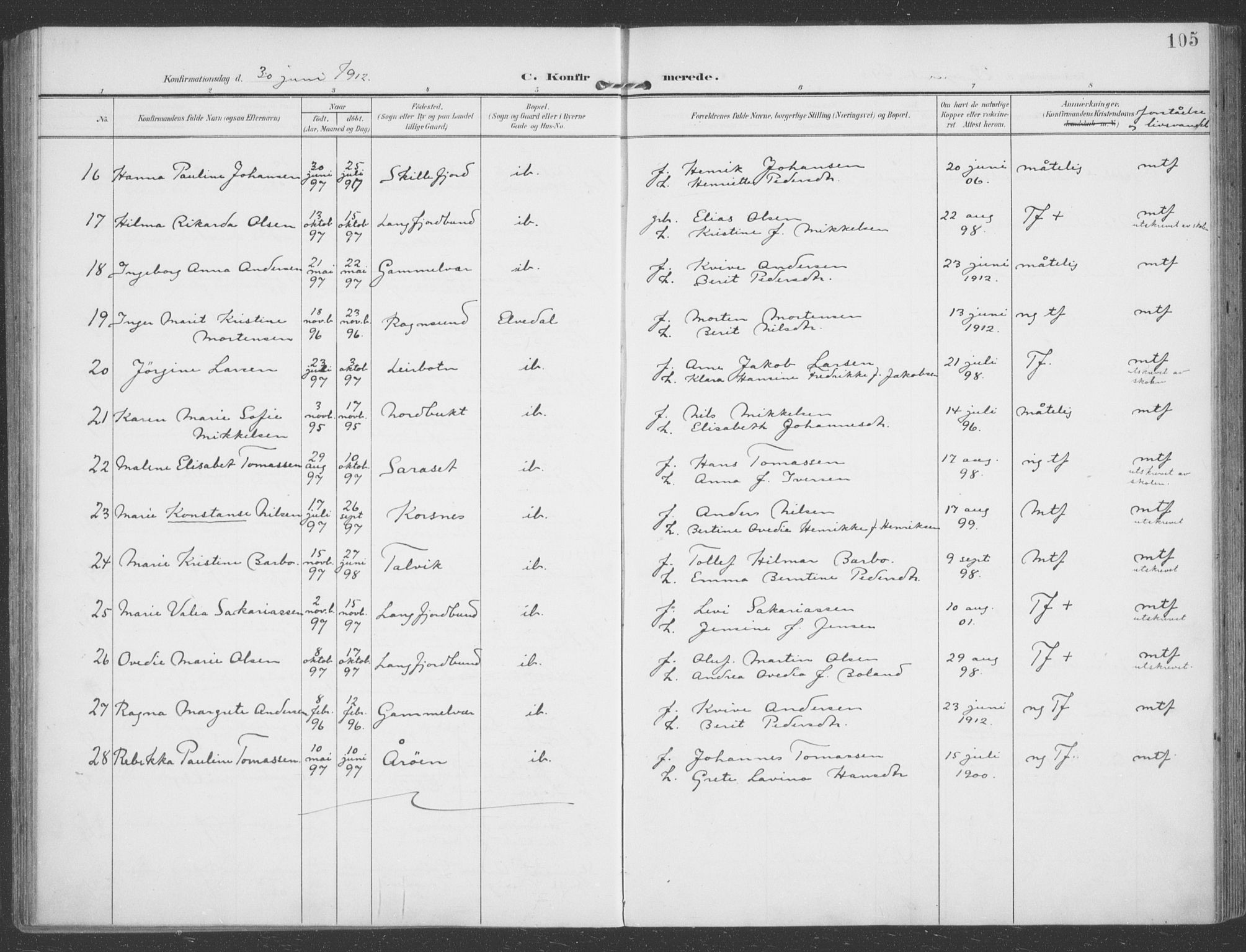 Talvik sokneprestkontor, SATØ/S-1337/H/Ha/L0017kirke: Parish register (official) no. 17, 1906-1915, p. 105