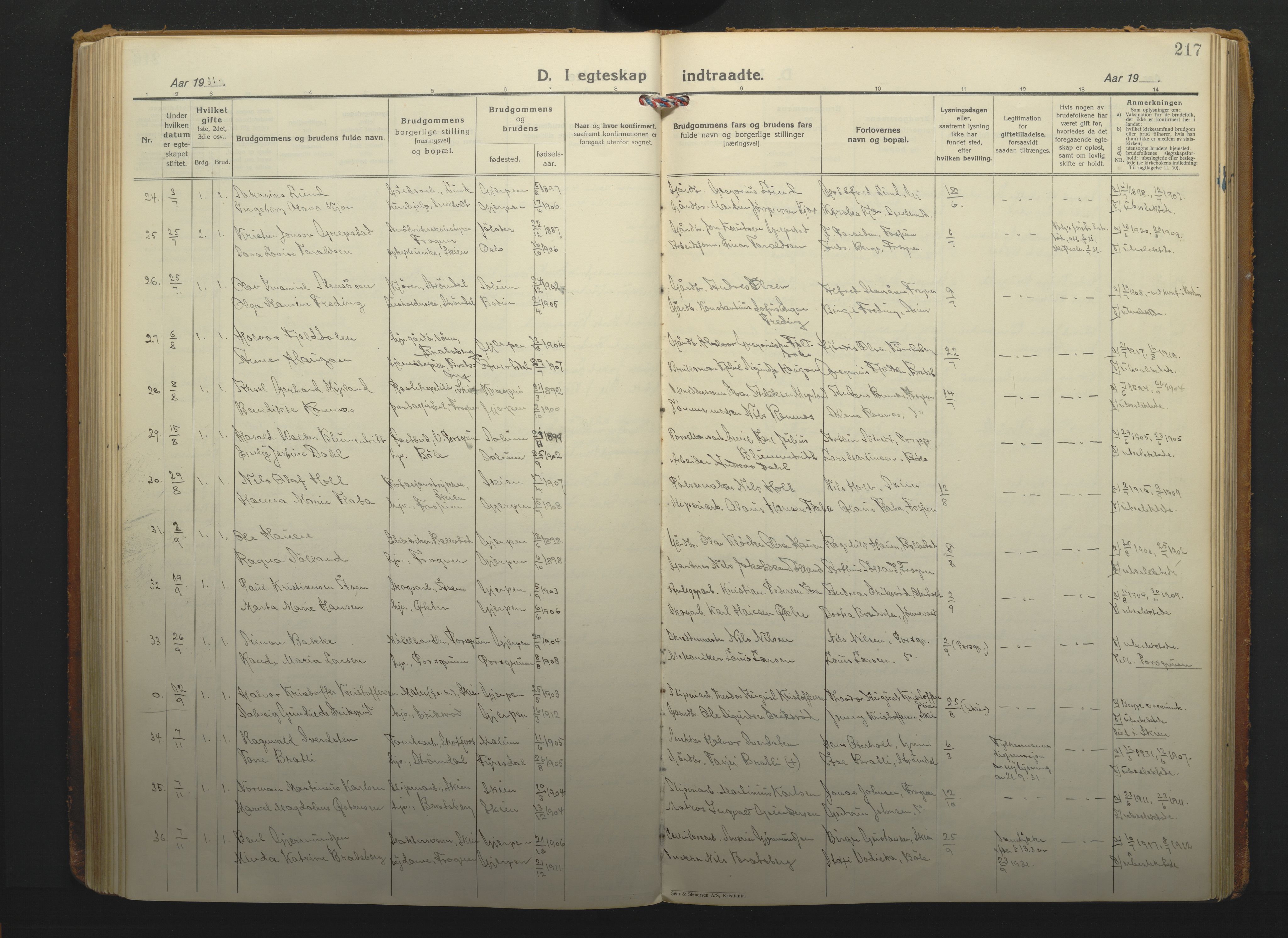Gjerpen kirkebøker, SAKO/A-265/F/Fa/L0014: Parish register (official) no. I 14, 1925-1938, p. 217