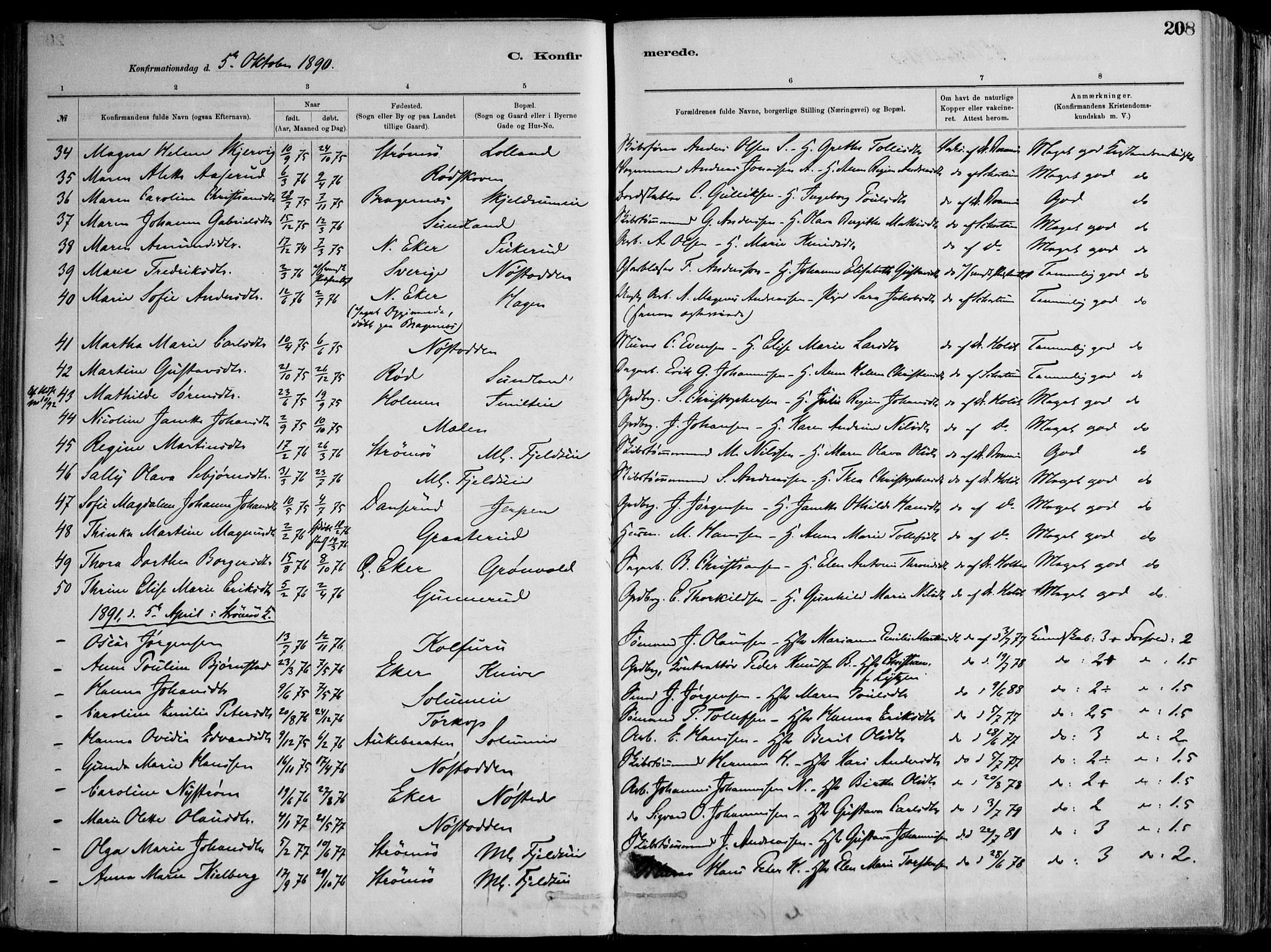 Skoger kirkebøker, AV/SAKO-A-59/F/Fa/L0006: Parish register (official) no. I 6, 1885-1910, p. 208