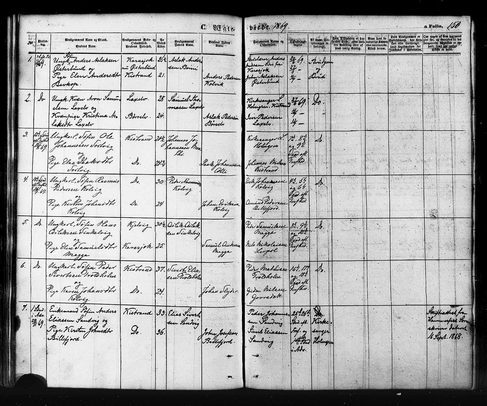 Kistrand/Porsanger sokneprestembete, AV/SATØ-S-1351/H/Ha/L0005.kirke: Parish register (official) no. 5, 1860-1874, p. 158