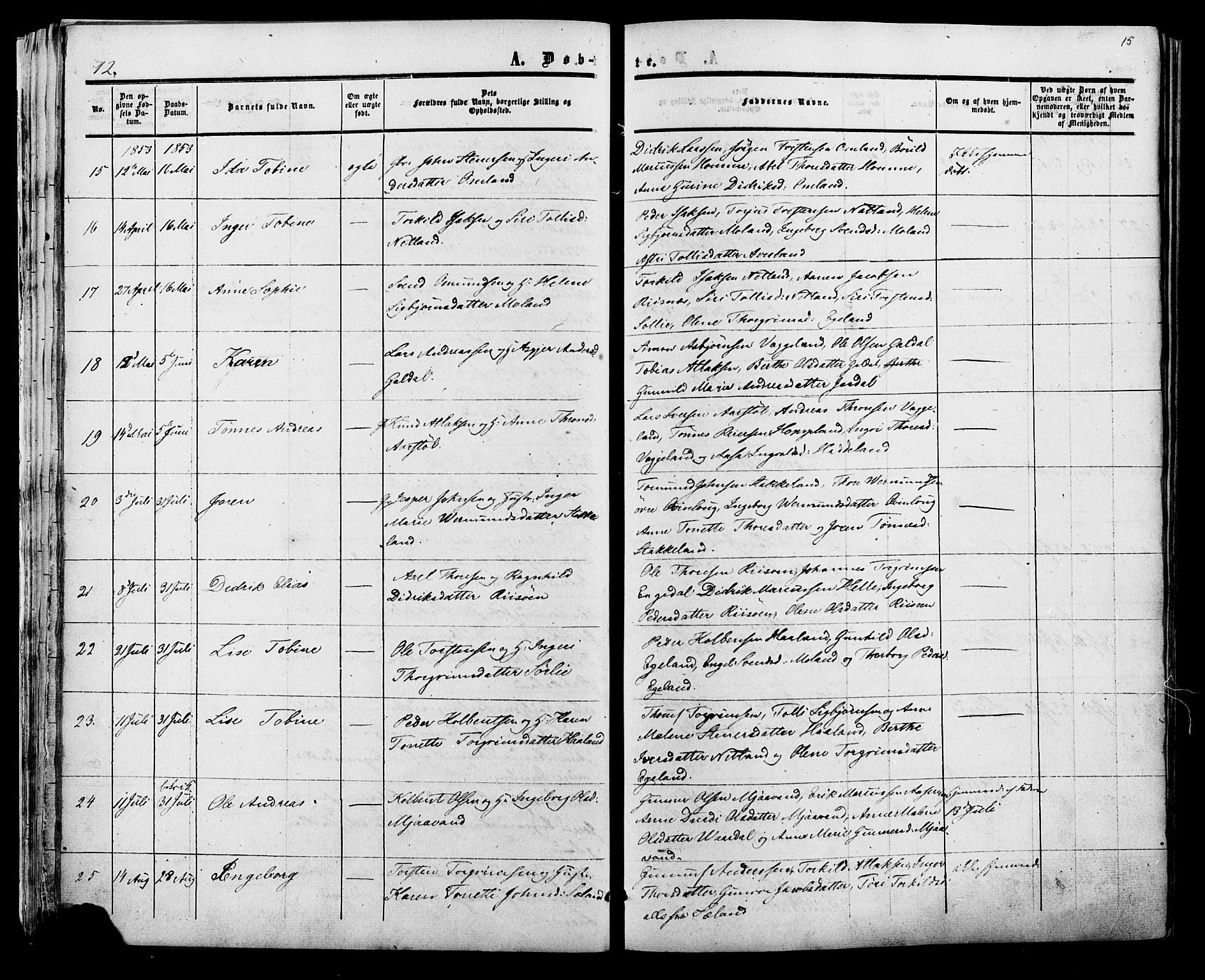 Fjotland sokneprestkontor, AV/SAK-1111-0010/F/Fa/L0001: Parish register (official) no. A 1, 1850-1879, p. 15