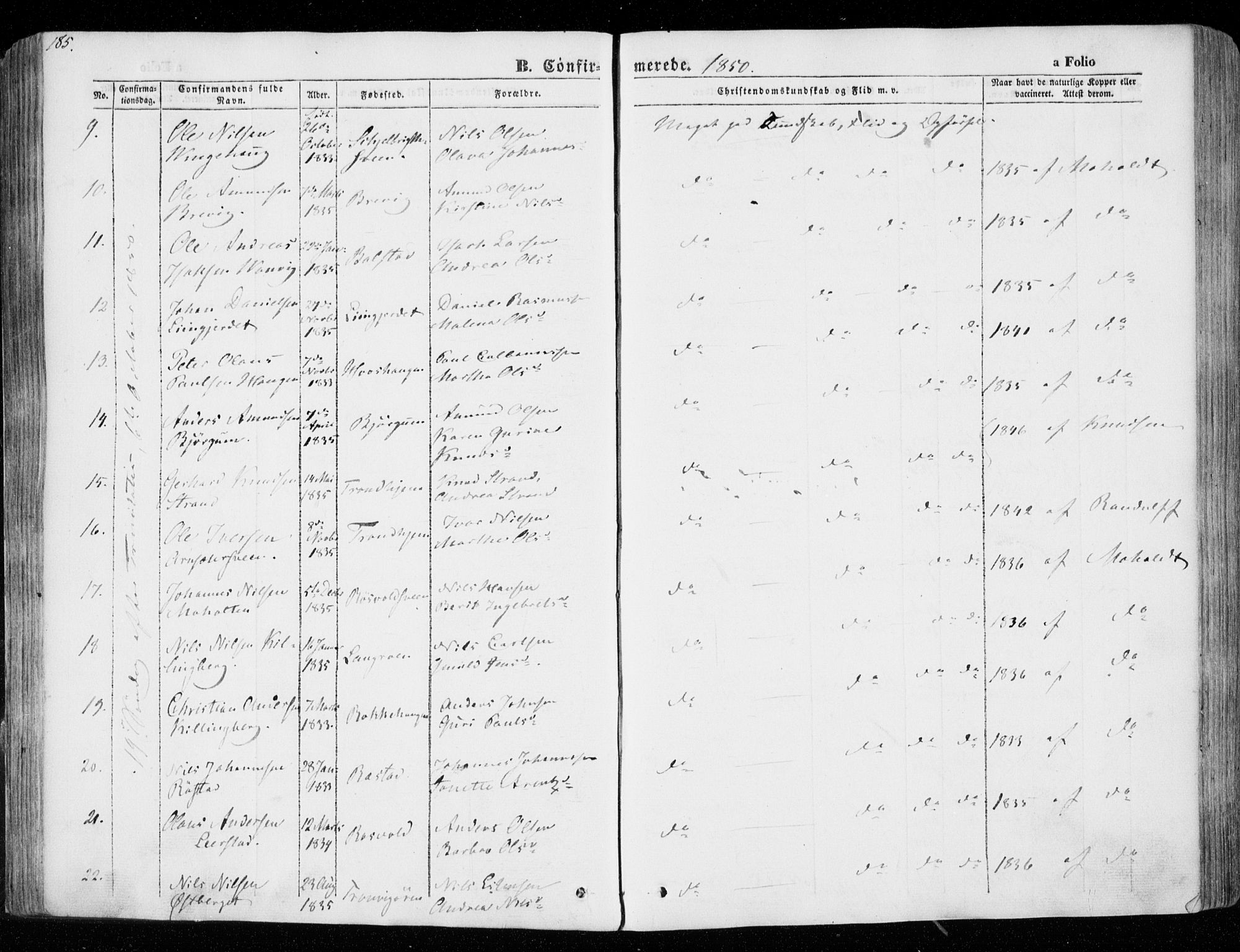 Ministerialprotokoller, klokkerbøker og fødselsregistre - Nord-Trøndelag, SAT/A-1458/701/L0007: Parish register (official) no. 701A07 /1, 1842-1854, p. 185