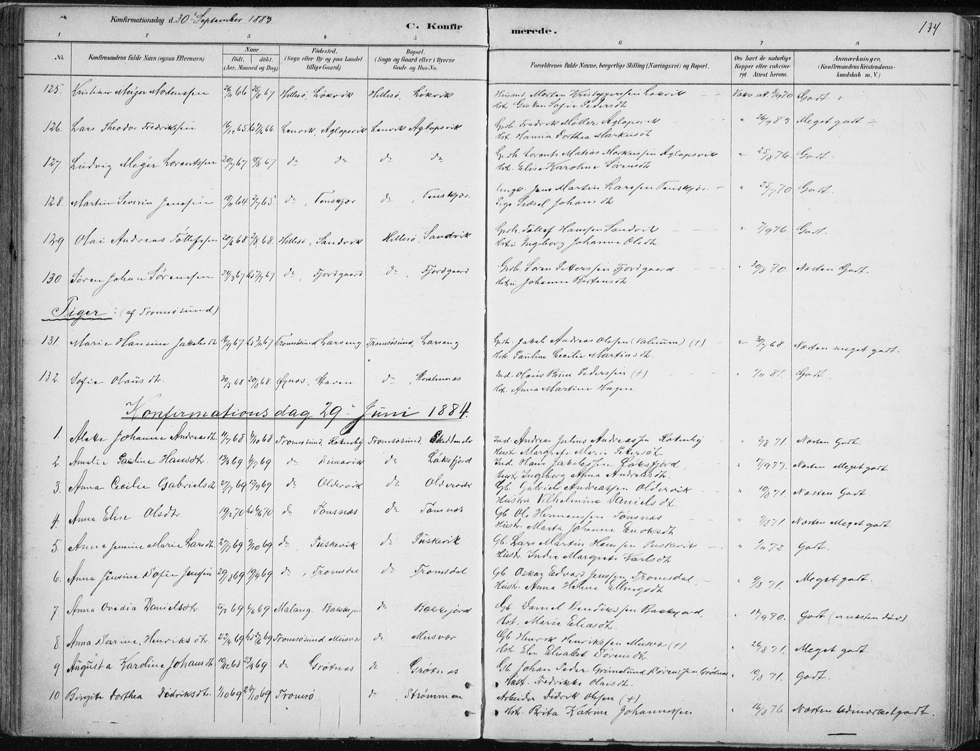 Tromsøysund sokneprestkontor, SATØ/S-1304/G/Ga/L0004kirke: Parish register (official) no. 4, 1880-1888, p. 134