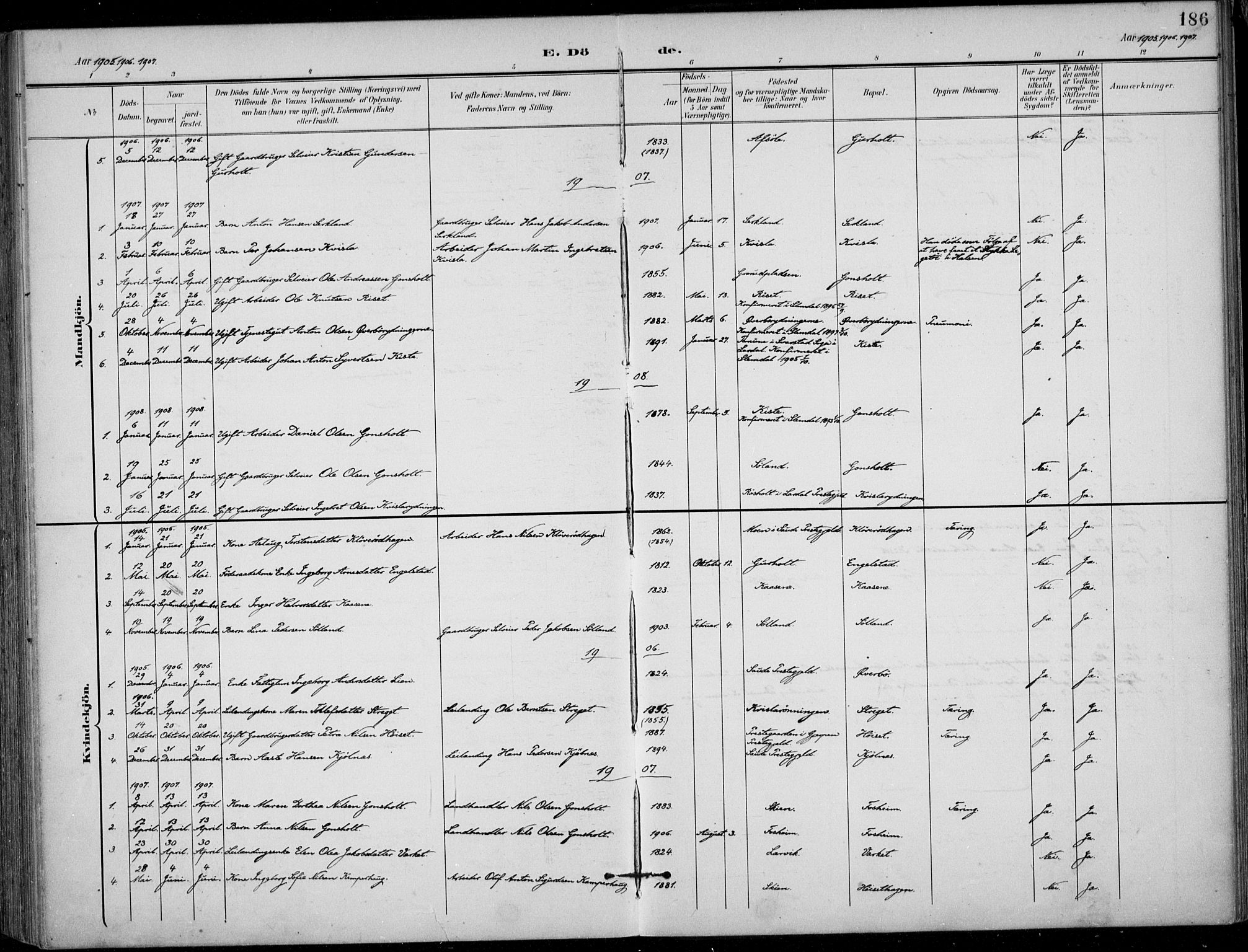 Siljan kirkebøker, AV/SAKO-A-300/F/Fa/L0003: Parish register (official) no. 3, 1896-1910, p. 186