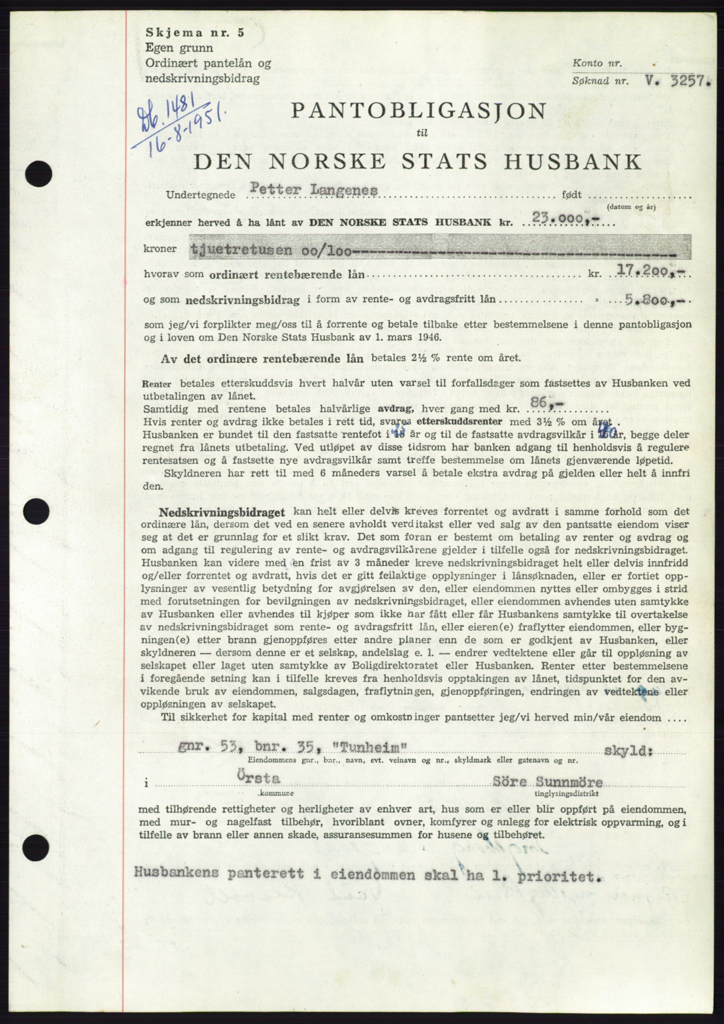 Søre Sunnmøre sorenskriveri, AV/SAT-A-4122/1/2/2C/L0120: Mortgage book no. 8B, 1951-1951, Diary no: : 1481/1951