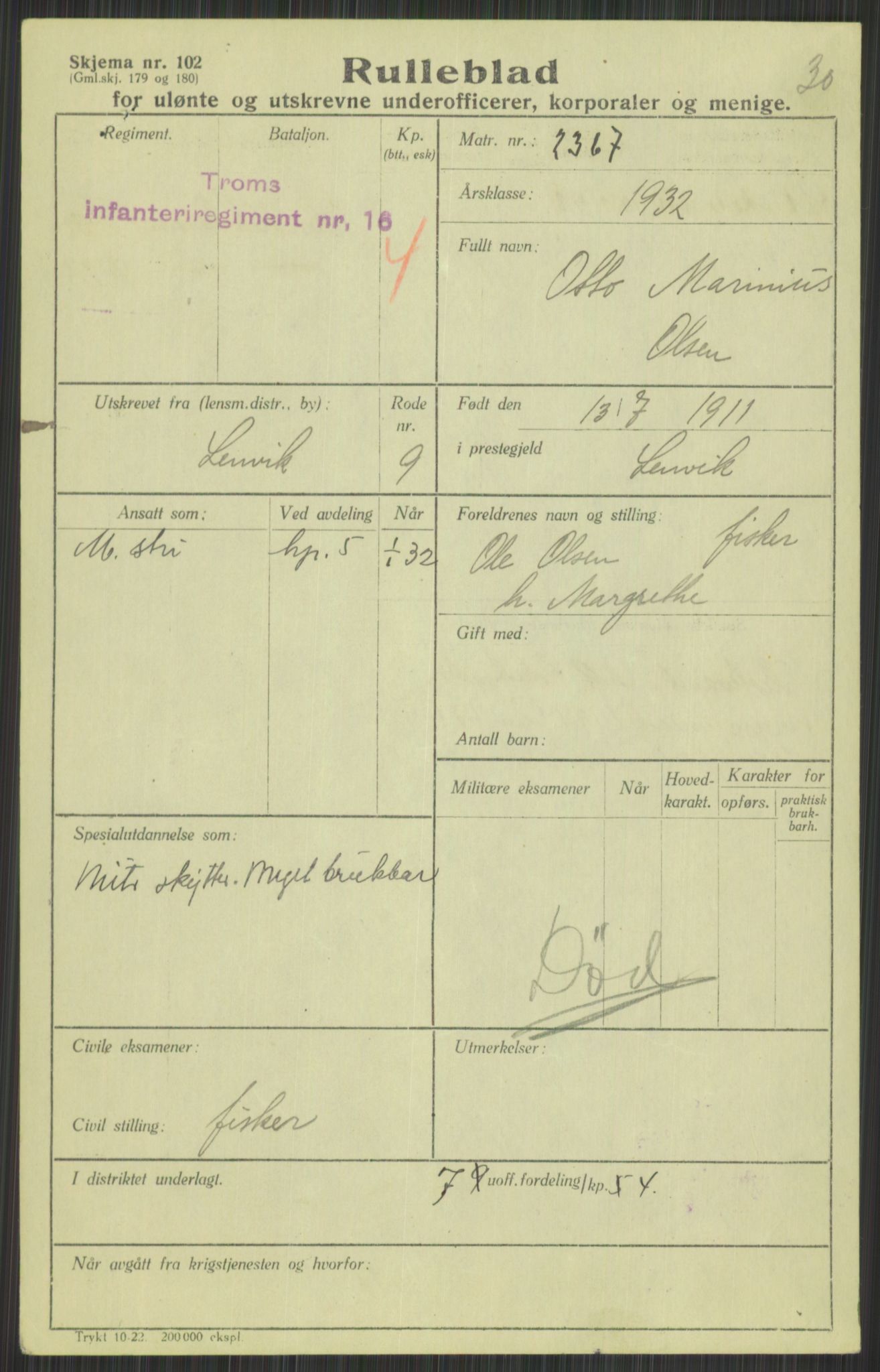 Forsvaret, Troms infanteriregiment nr. 16, AV/RA-RAFA-3146/P/Pa/L0016: Rulleblad for regimentets menige mannskaper, årsklasse 1932, 1932, p. 1253