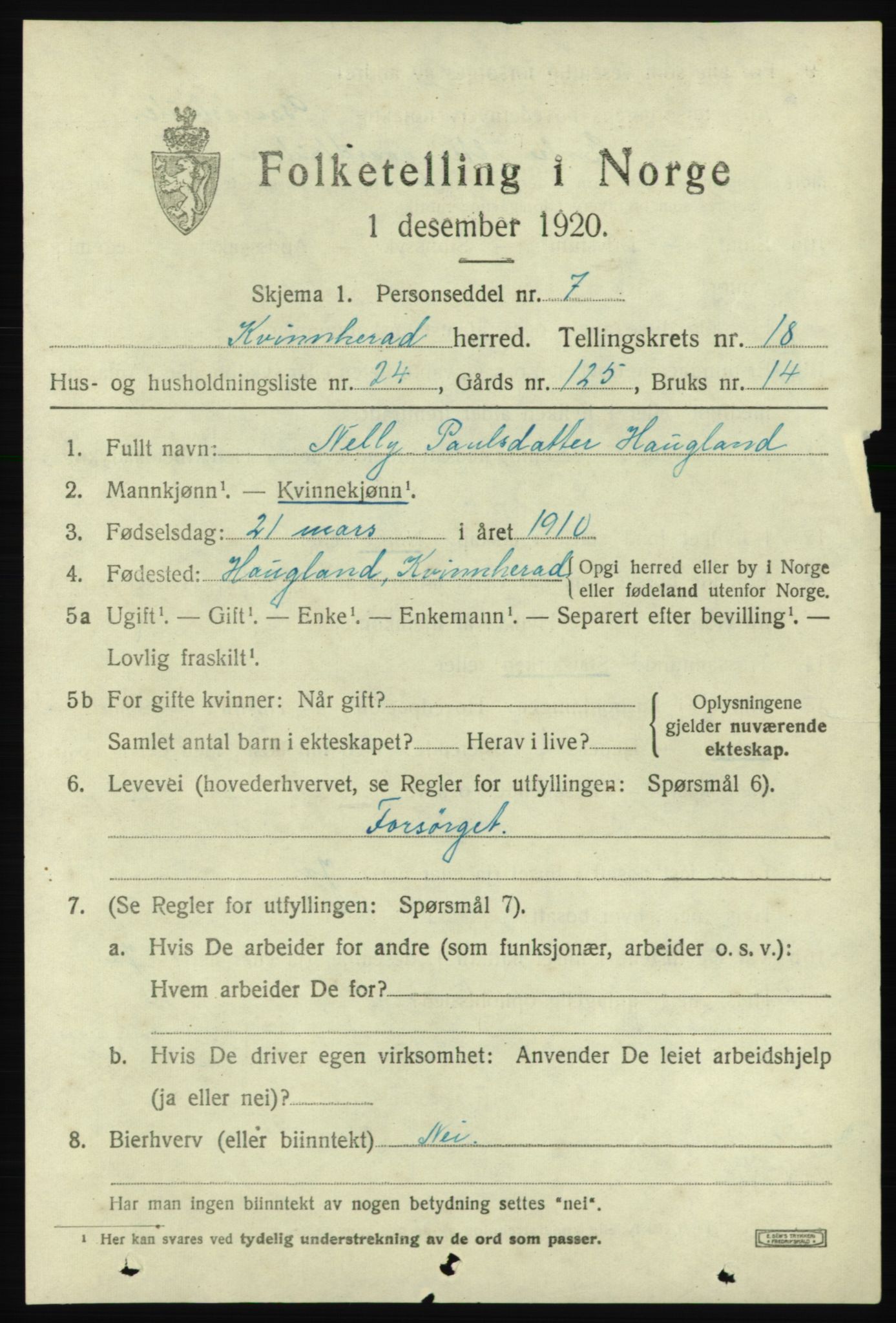 SAB, 1920 census for Kvinnherad, 1920, p. 11884