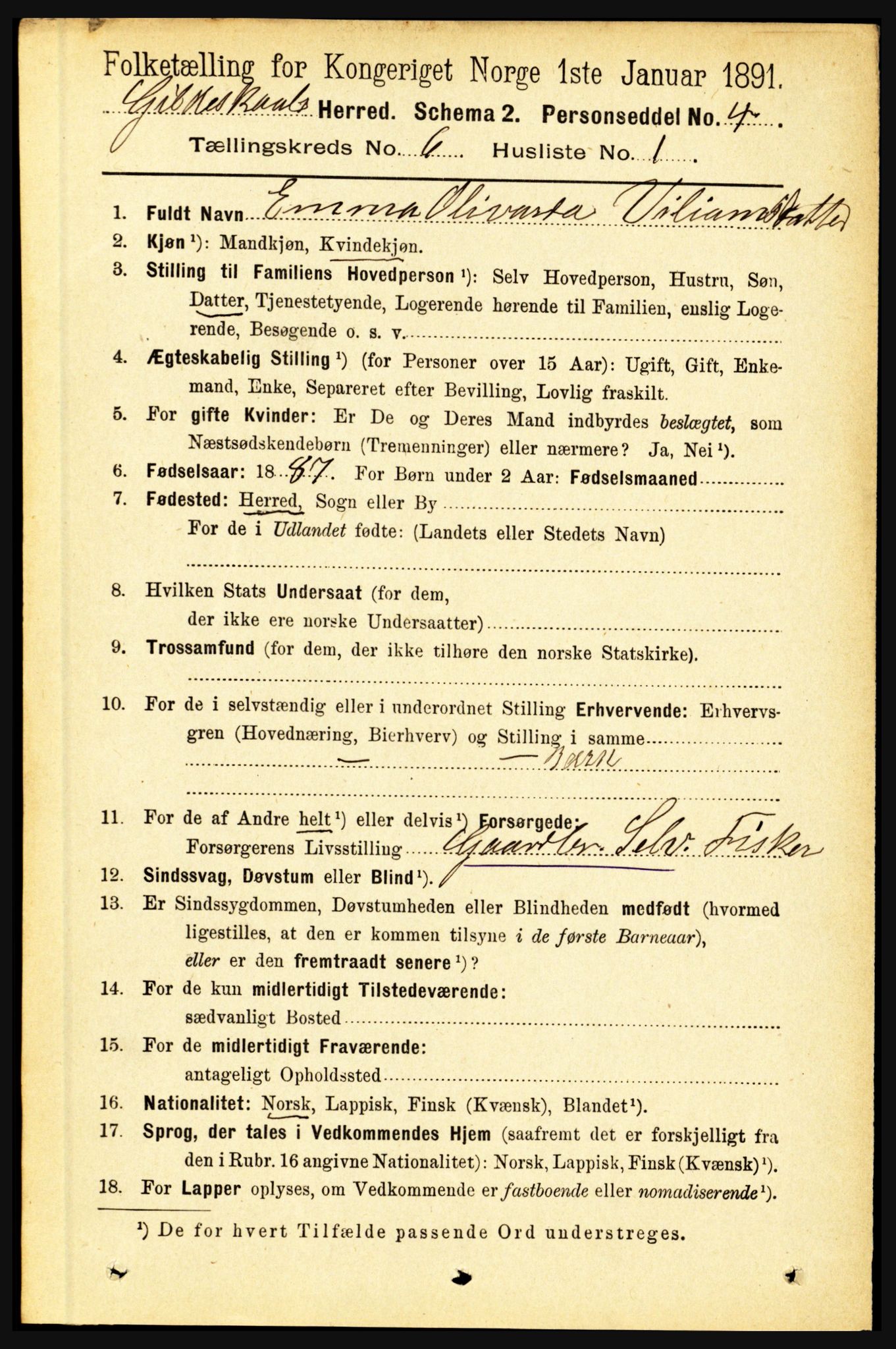 RA, 1891 census for 1838 Gildeskål, 1891, p. 1952