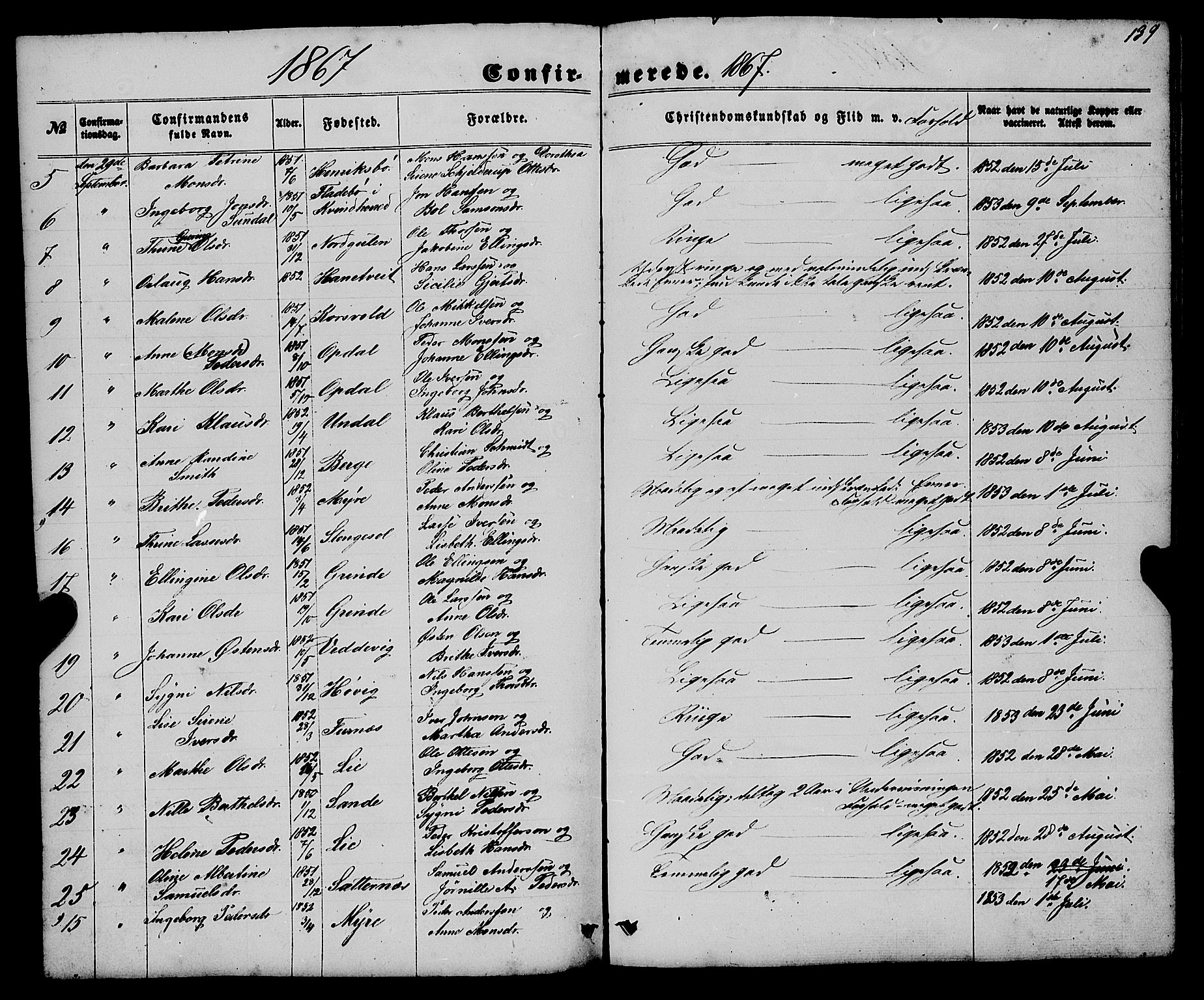 Gulen sokneprestembete, AV/SAB-A-80201/H/Haa/Haaa/L0022: Parish register (official) no. A 22, 1859-1869, p. 139