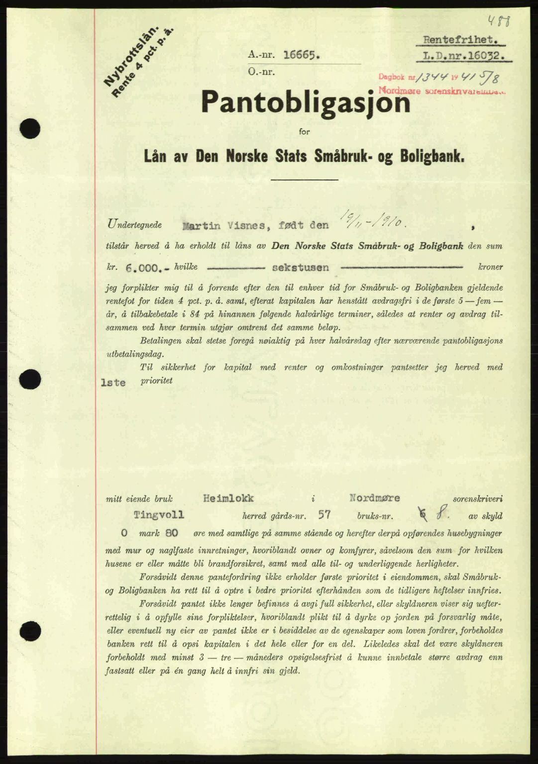 Nordmøre sorenskriveri, AV/SAT-A-4132/1/2/2Ca: Mortgage book no. A90, 1941-1941, Diary no: : 1344/1941