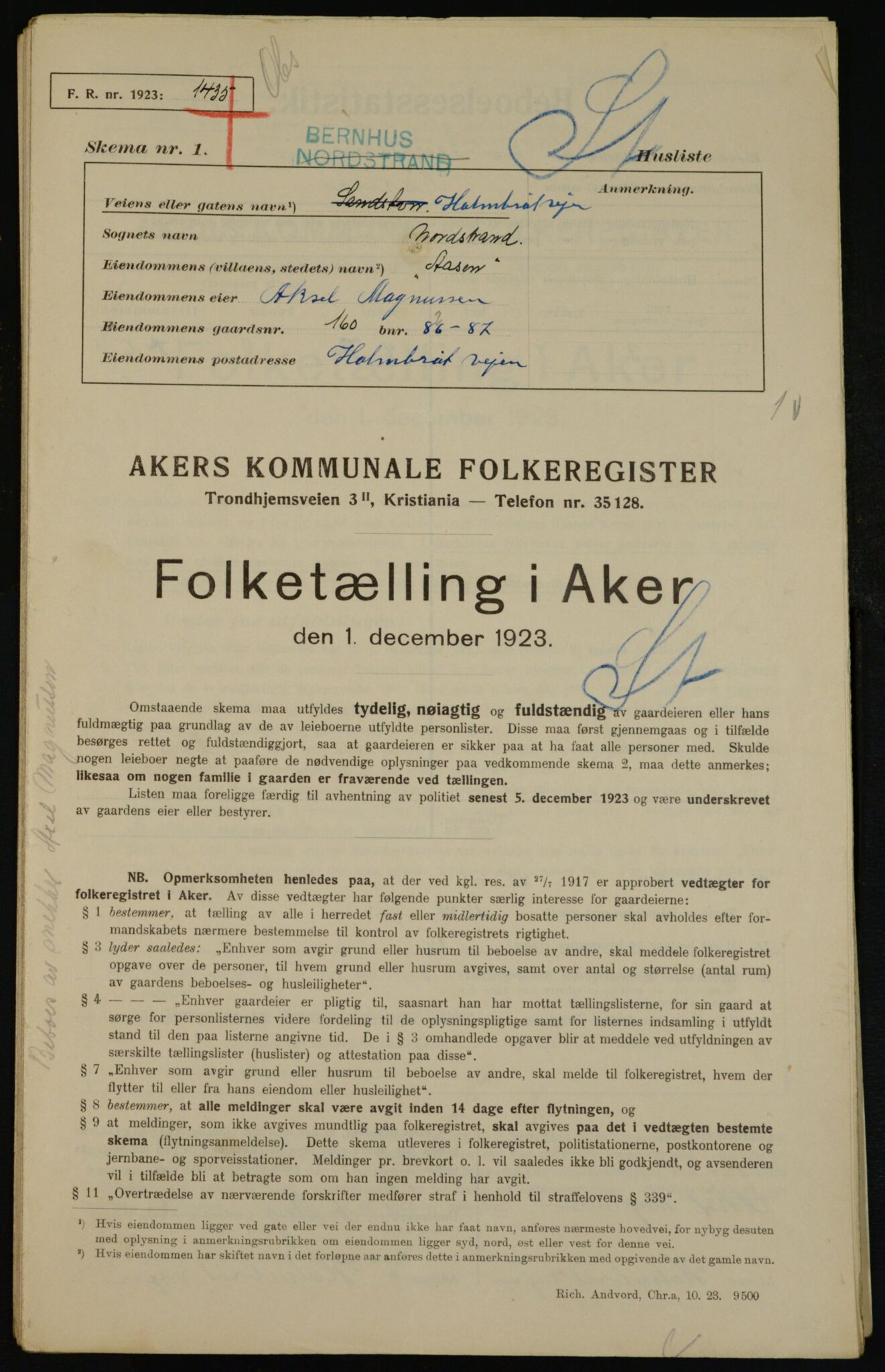 , Municipal Census 1923 for Aker, 1923, p. 44846