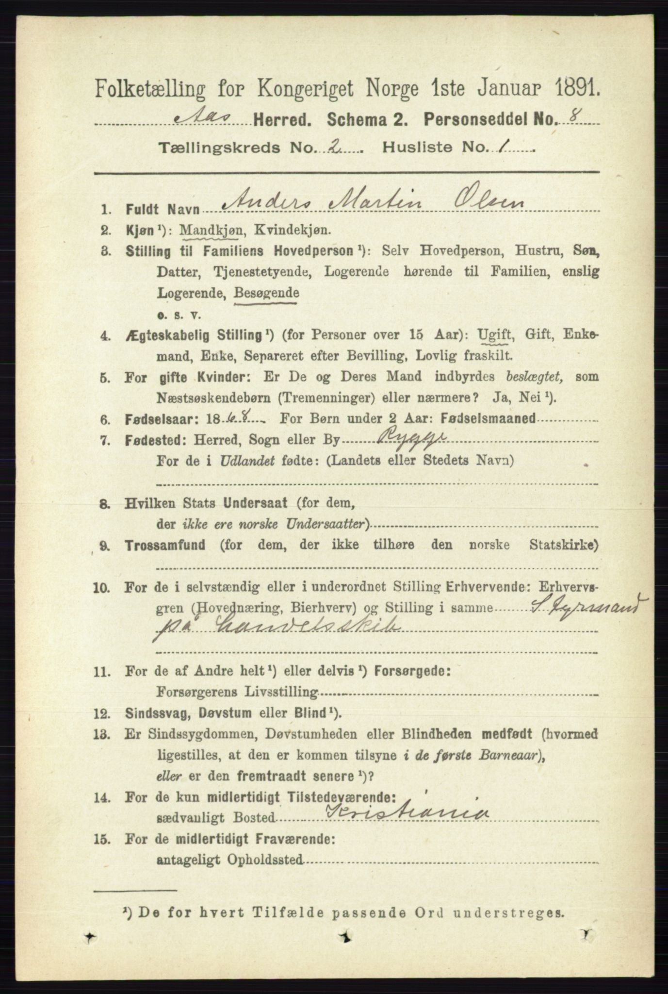 RA, 1891 census for 0214 Ås, 1891, p. 1582