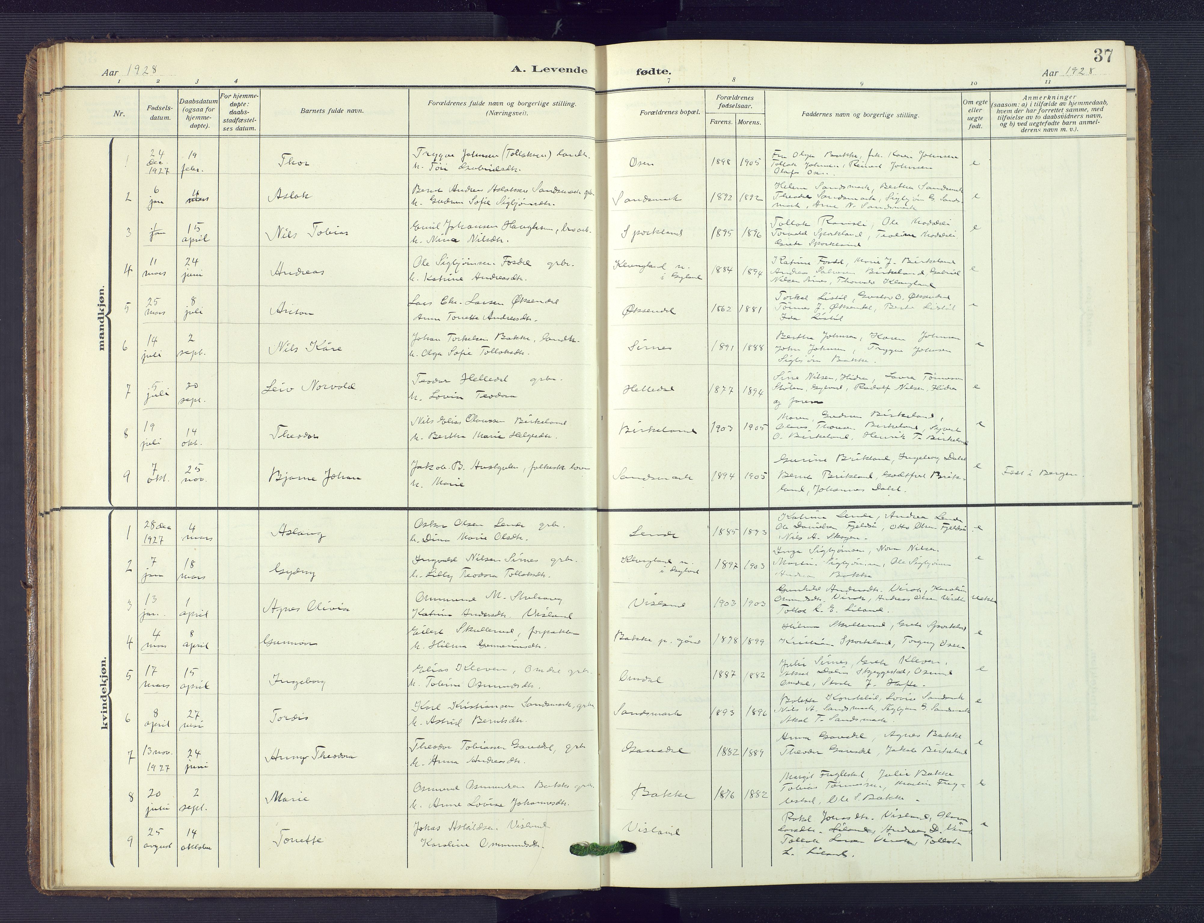 Bakke sokneprestkontor, SAK/1111-0002/F/Fb/Fba/L0004: Parish register (copy) no. B 4, 1911-1946, p. 37