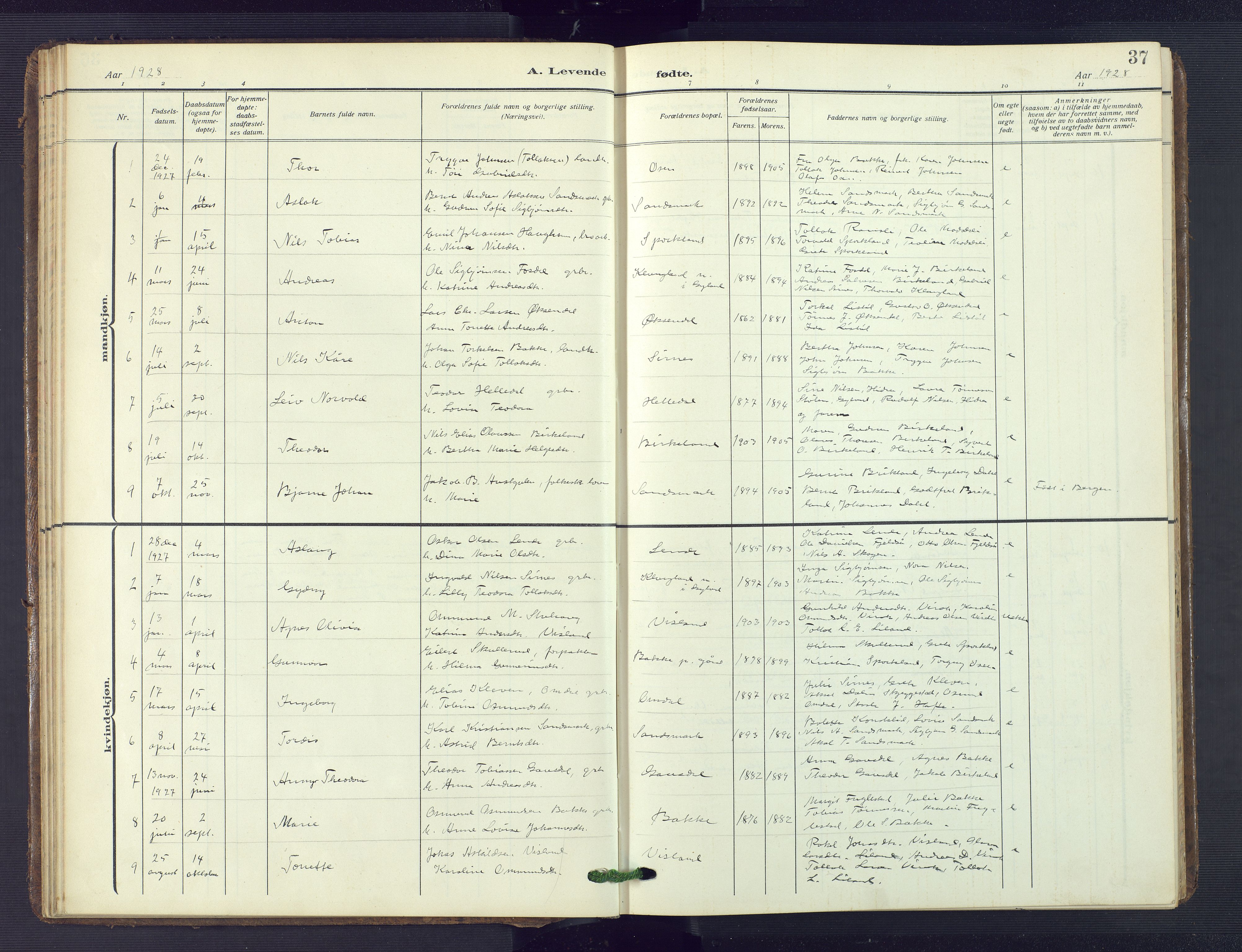 Bakke sokneprestkontor, AV/SAK-1111-0002/F/Fb/Fba/L0004: Parish register (copy) no. B 4, 1911-1946, p. 37