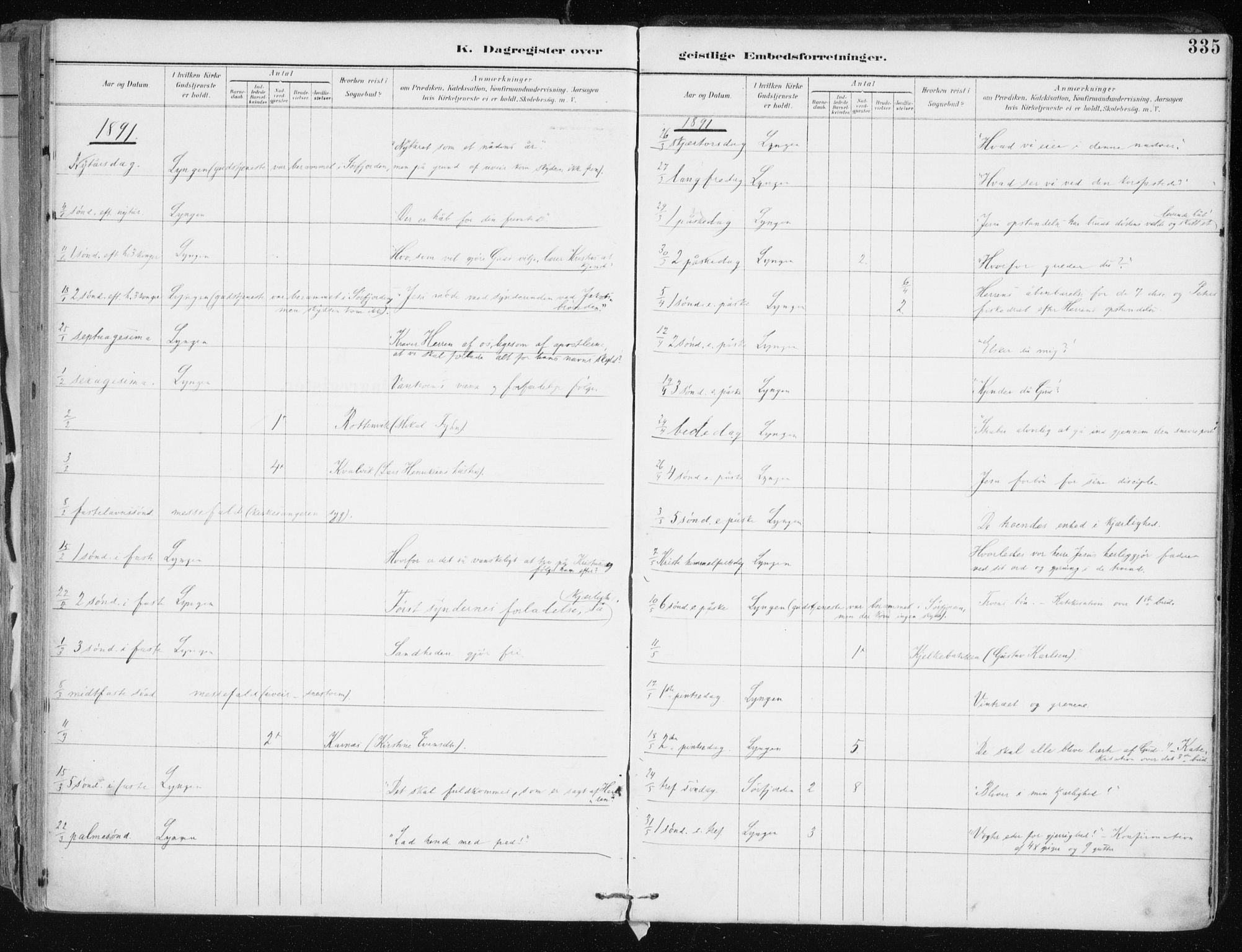 Lyngen sokneprestembete, SATØ/S-1289/H/He/Hea/L0008kirke: Parish register (official) no. 8, 1891-1902, p. 335