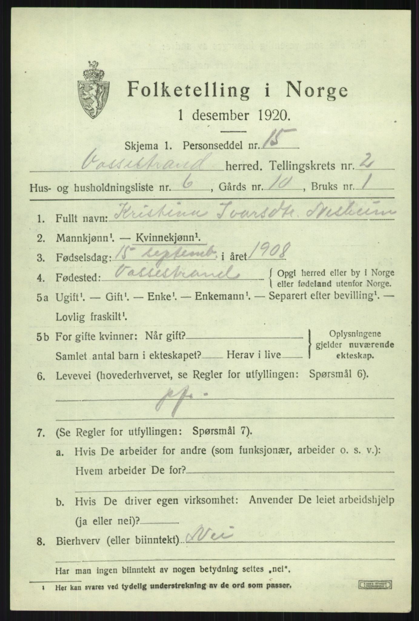 SAB, 1920 census for Vossestrand, 1920, p. 1192