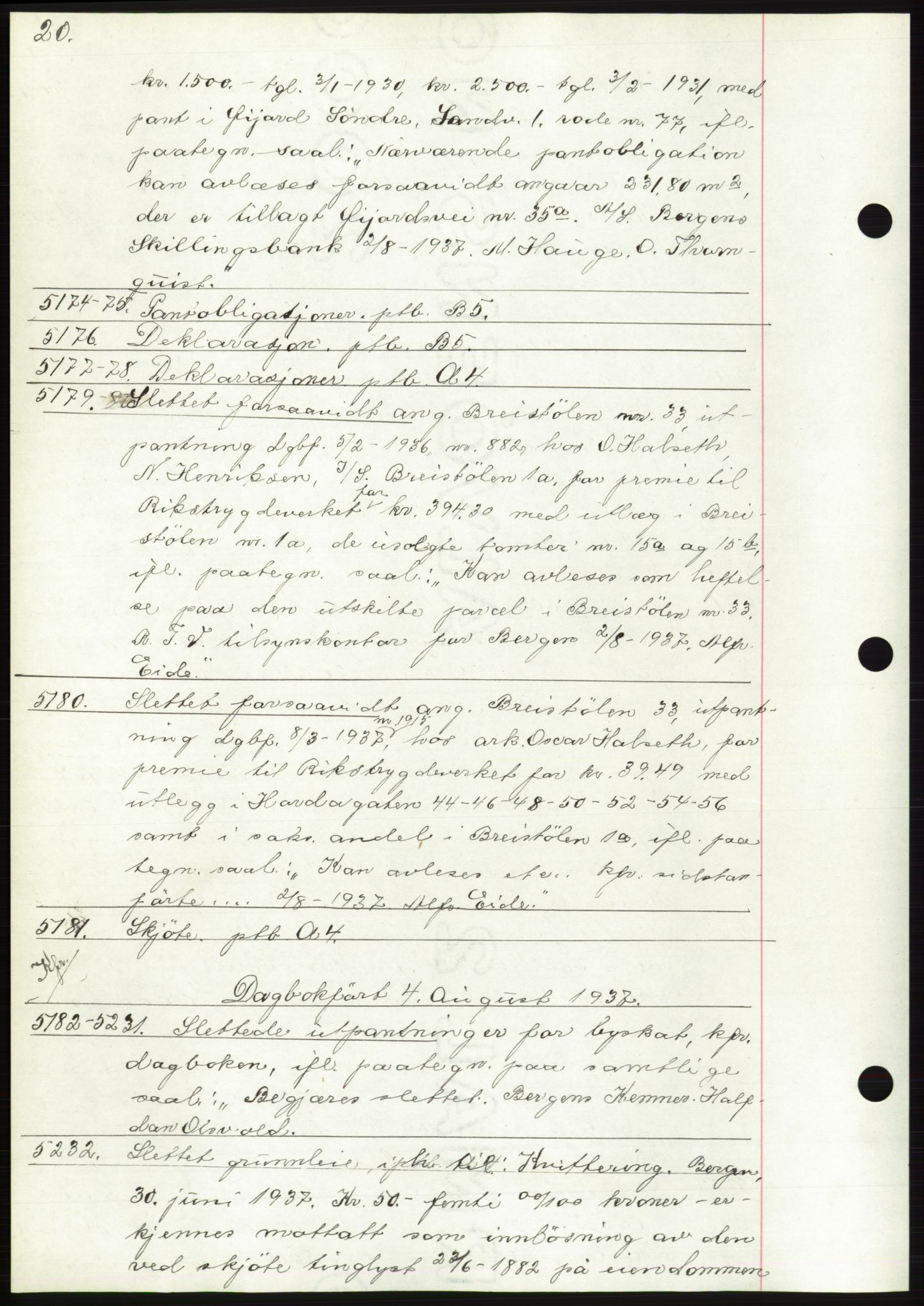 Byfogd og Byskriver i Bergen, AV/SAB-A-3401/03: Mortgage book no. C 5, 1937-1937, Diary no: : 5174/1937