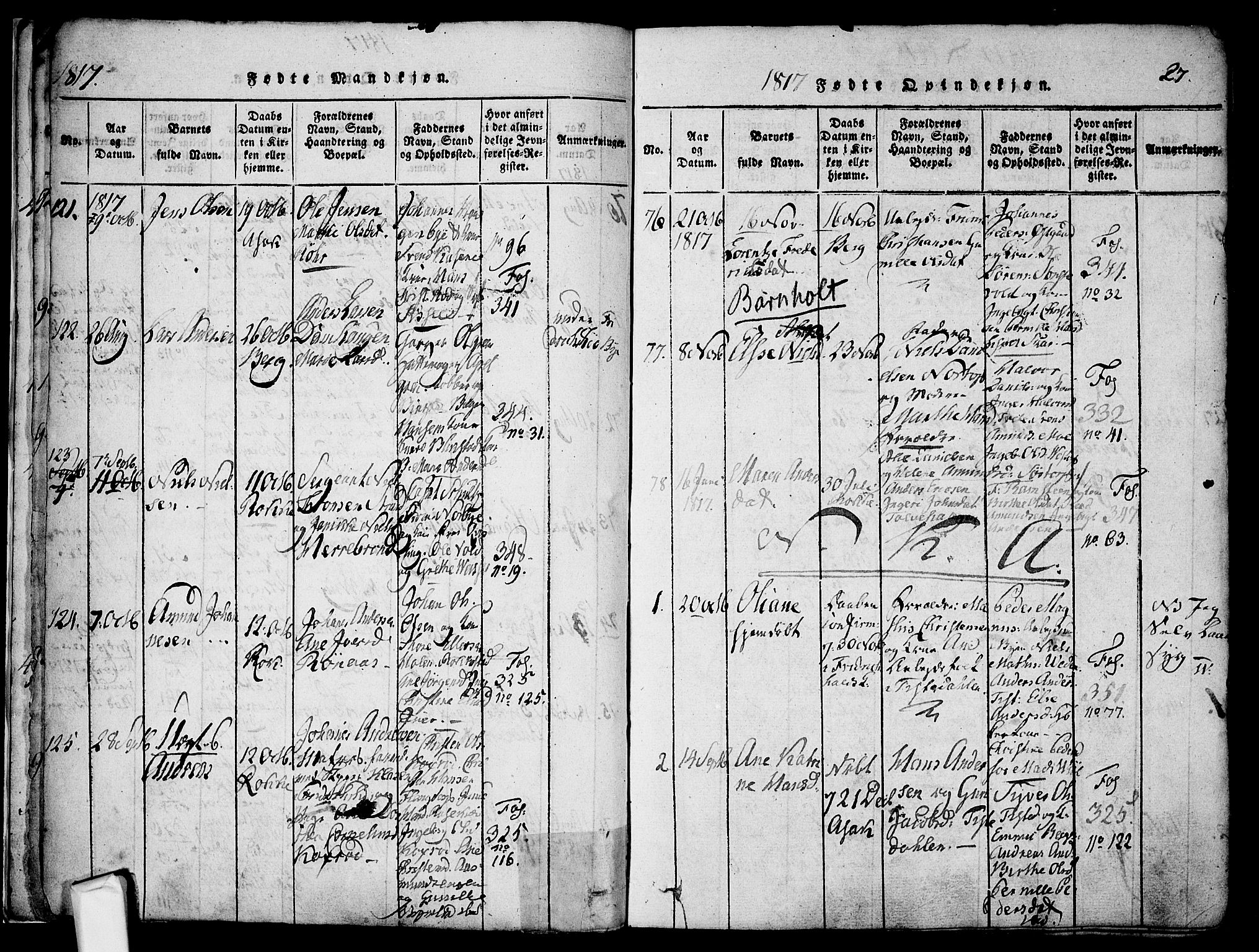 Berg prestekontor Kirkebøker, SAO/A-10902/F/Fa/L0002: Parish register (official) no. I 2, 1815-1831, p. 27