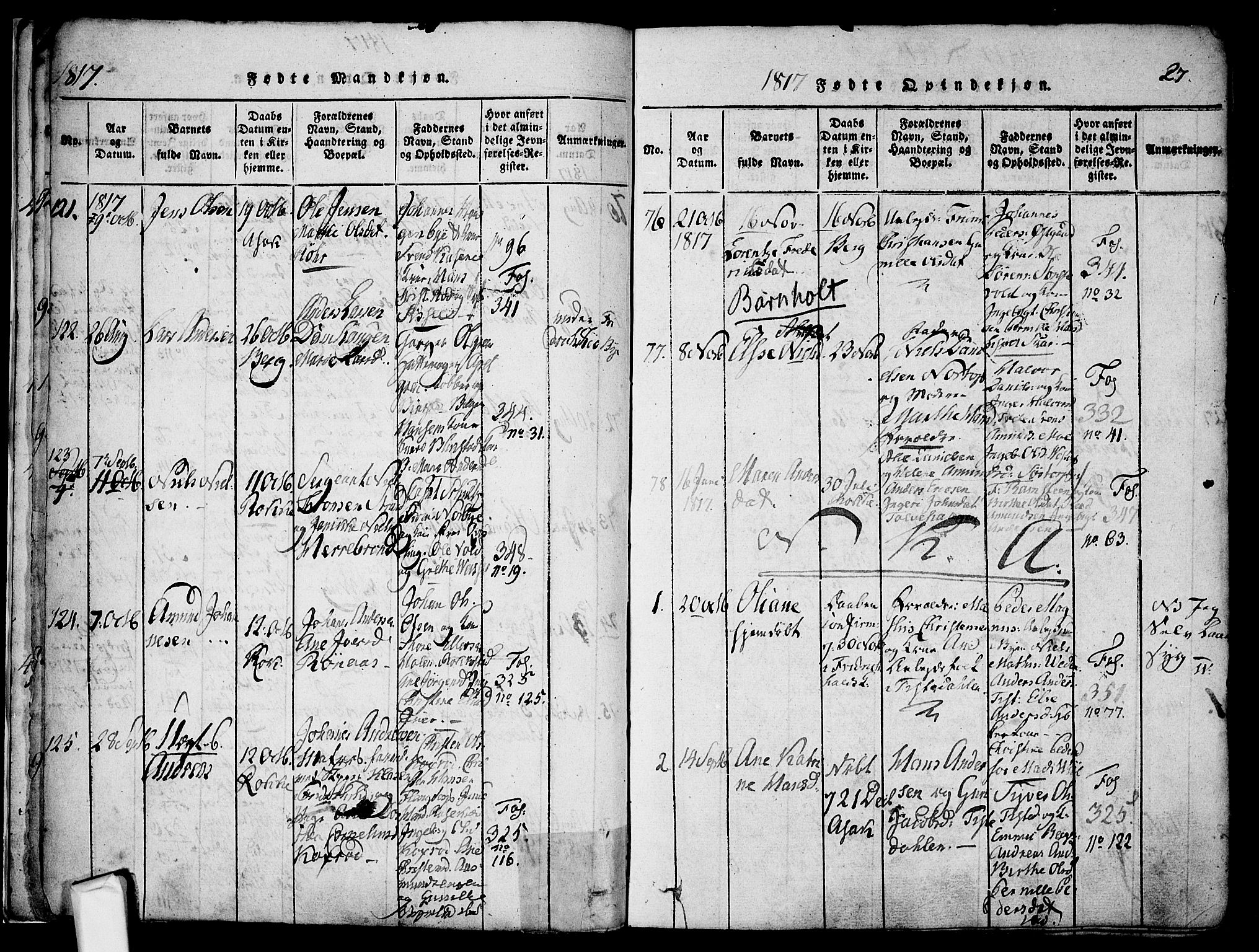 Berg prestekontor Kirkebøker, AV/SAO-A-10902/F/Fa/L0002: Parish register (official) no. I 2, 1815-1831, p. 27