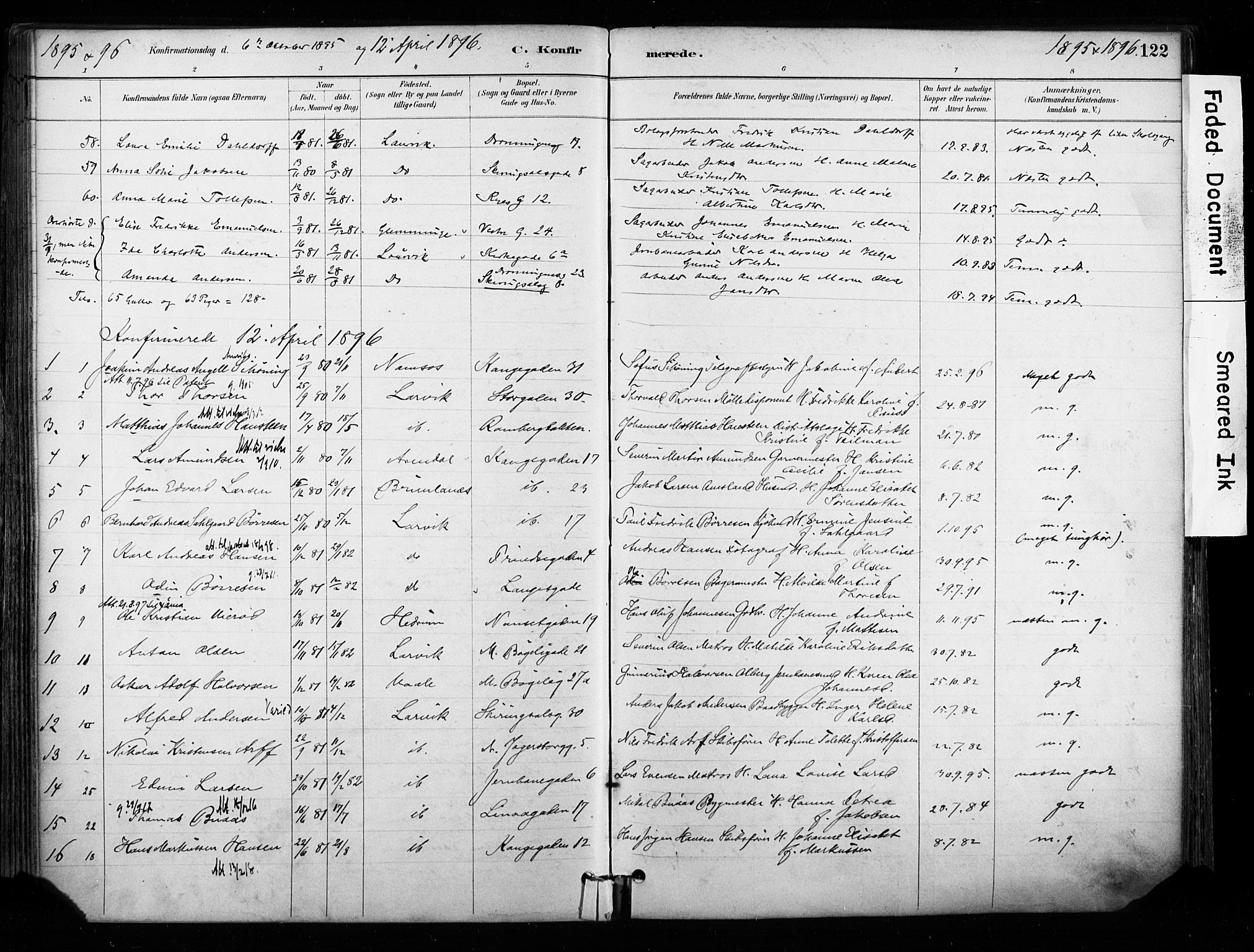 Larvik kirkebøker, SAKO/A-352/F/Fa/L0008: Parish register (official) no. I 8, 1884-1902, p. 122
