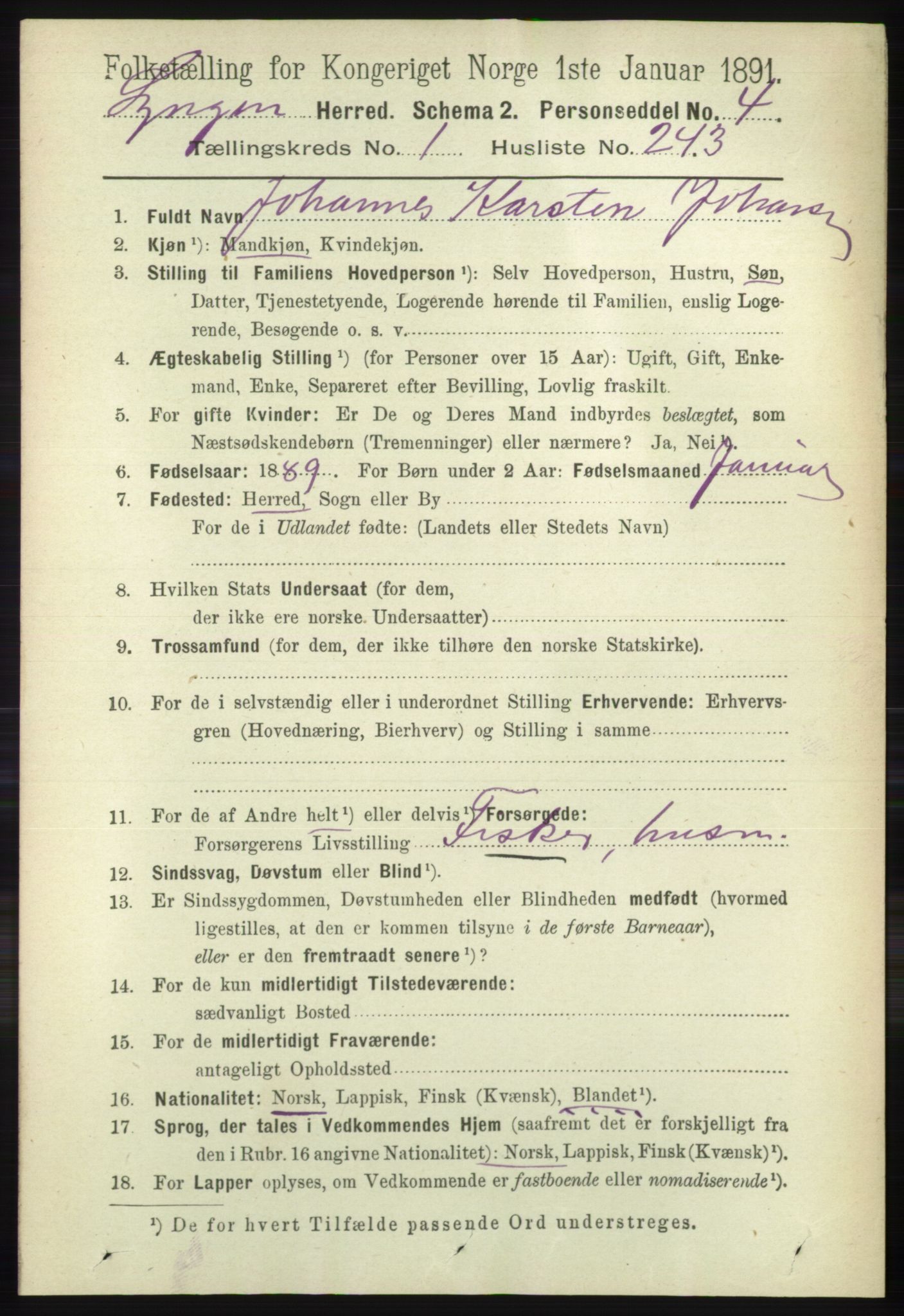RA, 1891 census for 1938 Lyngen, 1891, p. 1896