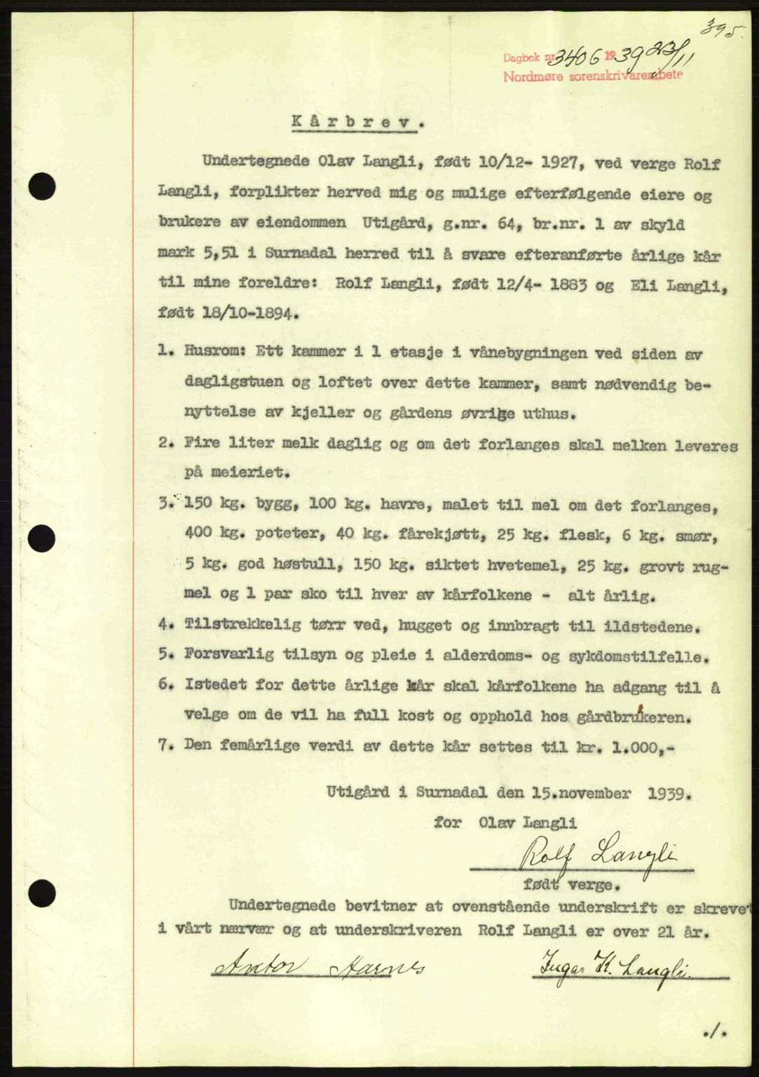 Nordmøre sorenskriveri, AV/SAT-A-4132/1/2/2Ca: Mortgage book no. B86, 1939-1940, Diary no: : 3406/1939