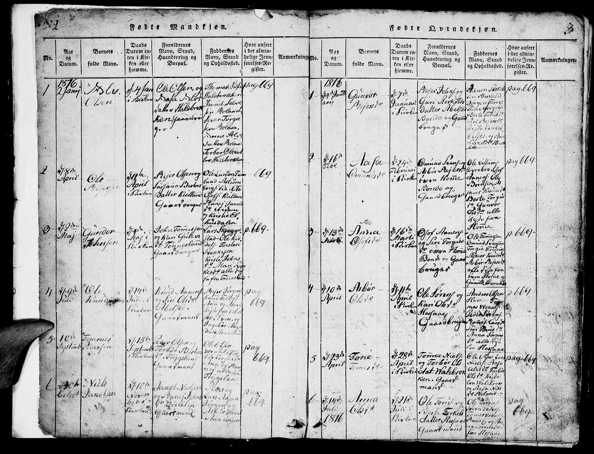 Bjelland sokneprestkontor, SAK/1111-0005/F/Fb/Fba/L0003: Parish register (copy) no. B 3, 1816-1870, p. 2-3