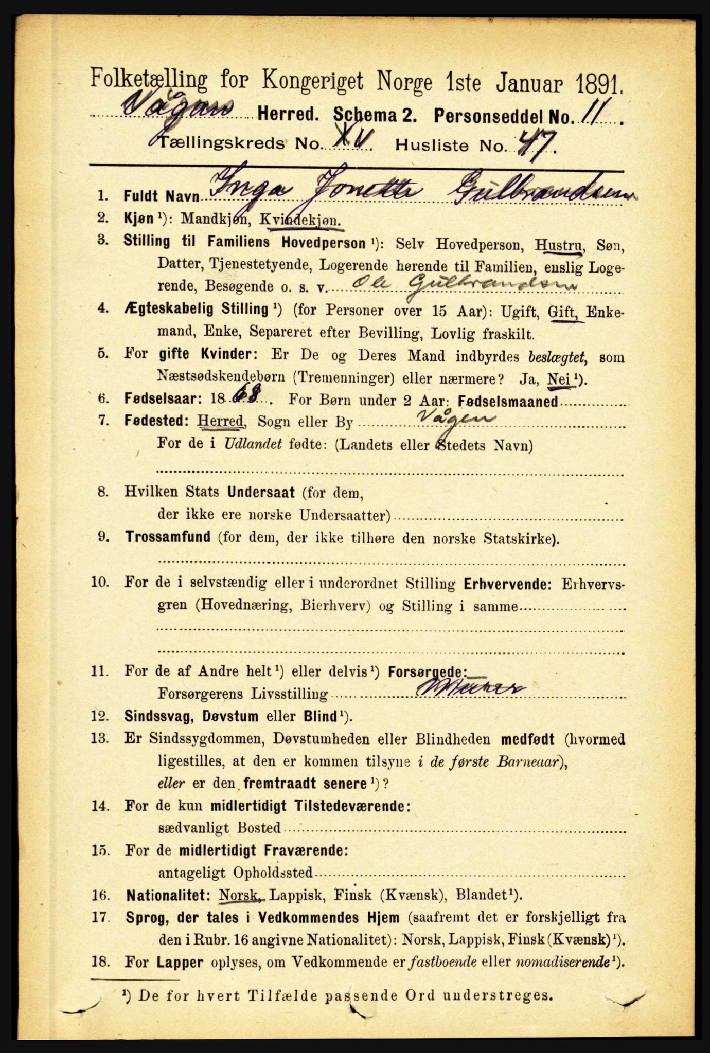 RA, 1891 census for 1865 Vågan, 1891, p. 4498