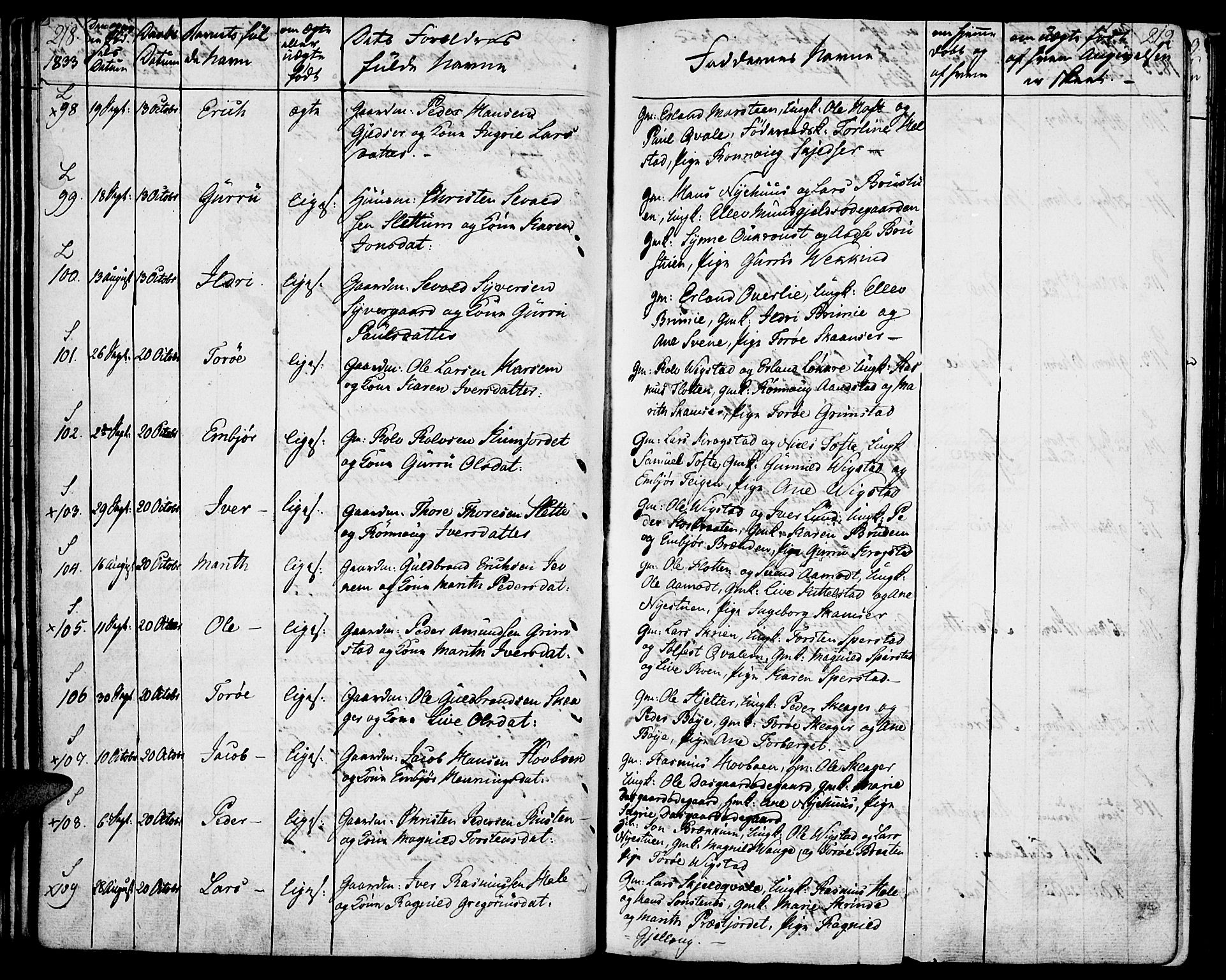 Lom prestekontor, SAH/PREST-070/K/L0005: Parish register (official) no. 5, 1825-1837, p. 218-219