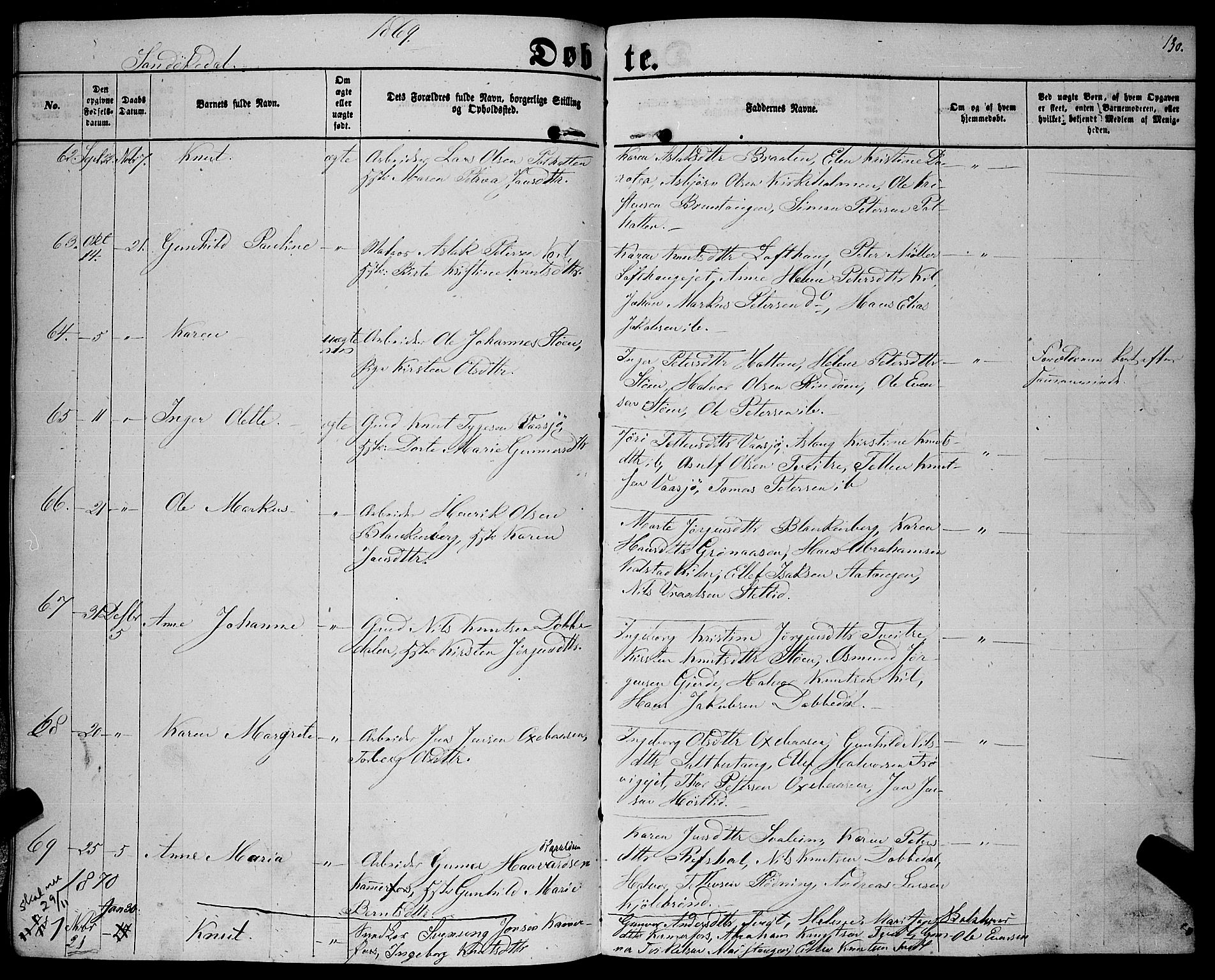 Sannidal kirkebøker, AV/SAKO-A-296/F/Fa/L0011: Parish register (official) no. 11, 1863-1873, p. 130