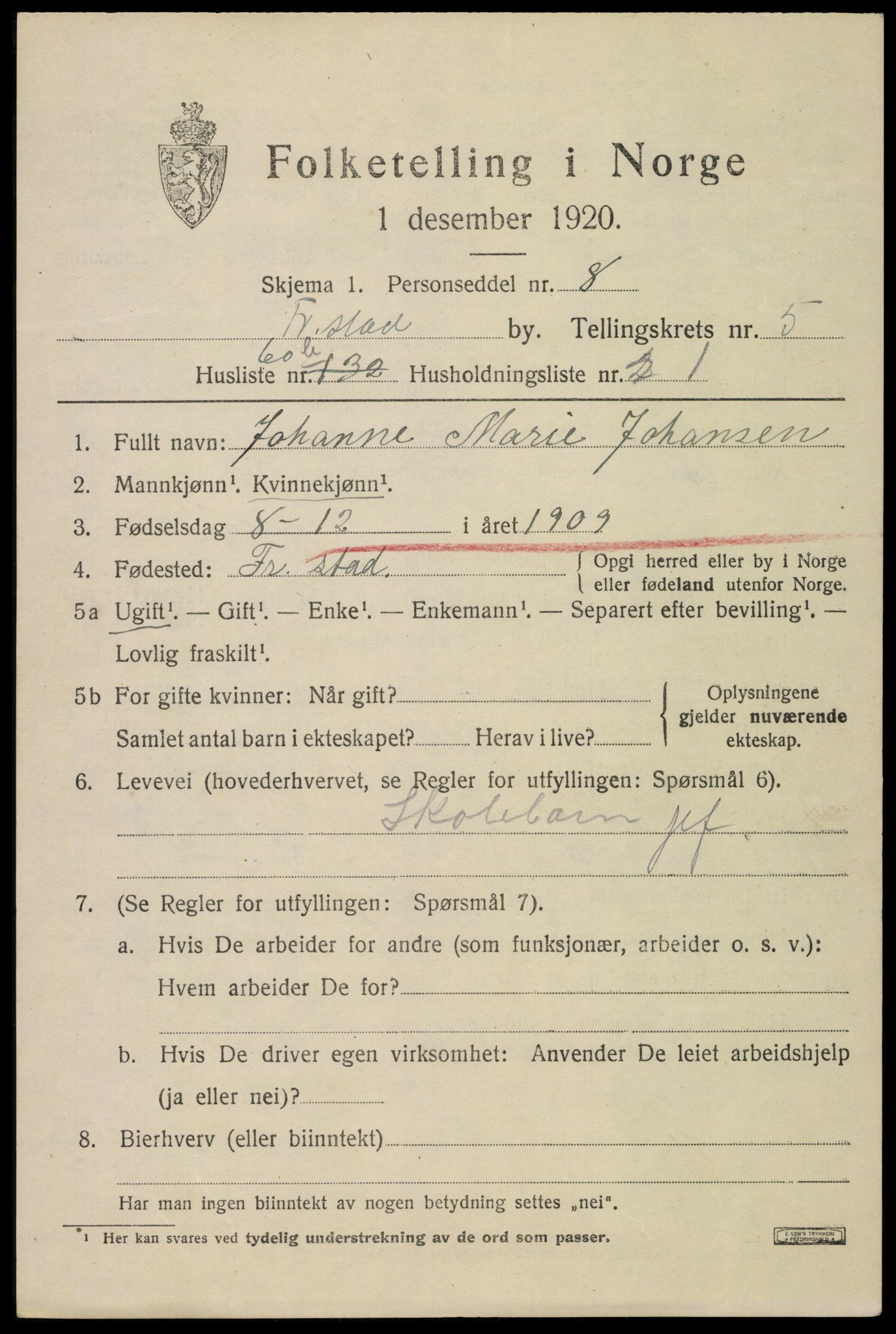 SAO, 1920 census for Fredrikstad, 1920, p. 19633