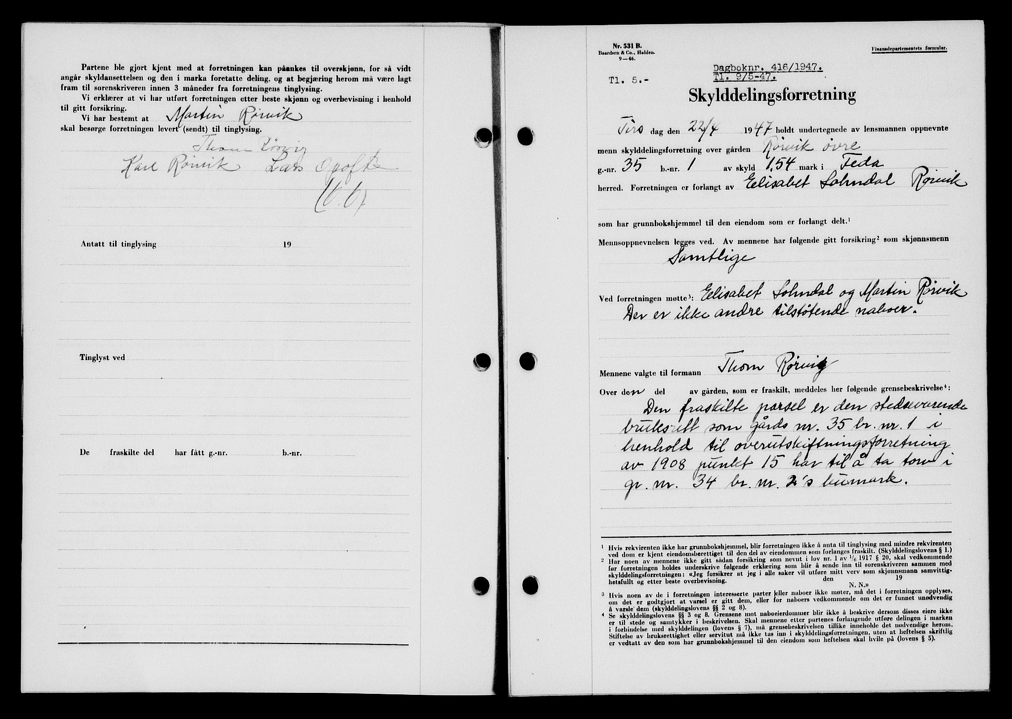 Flekkefjord sorenskriveri, SAK/1221-0001/G/Gb/Gba/L0062: Mortgage book no. A-10, 1947-1947, Diary no: : 416/1947