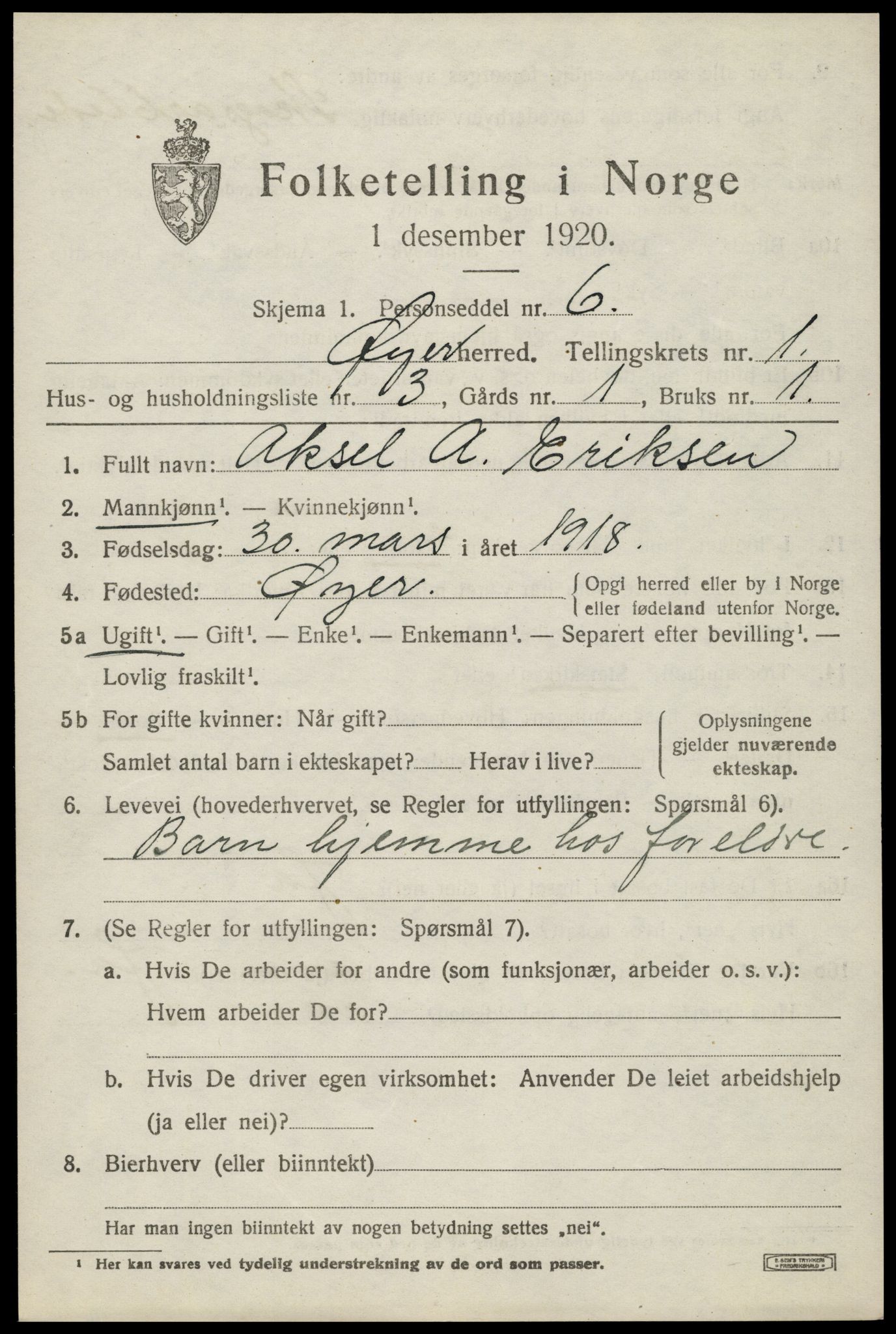 SAH, 1920 census for Øyer, 1920, p. 1237