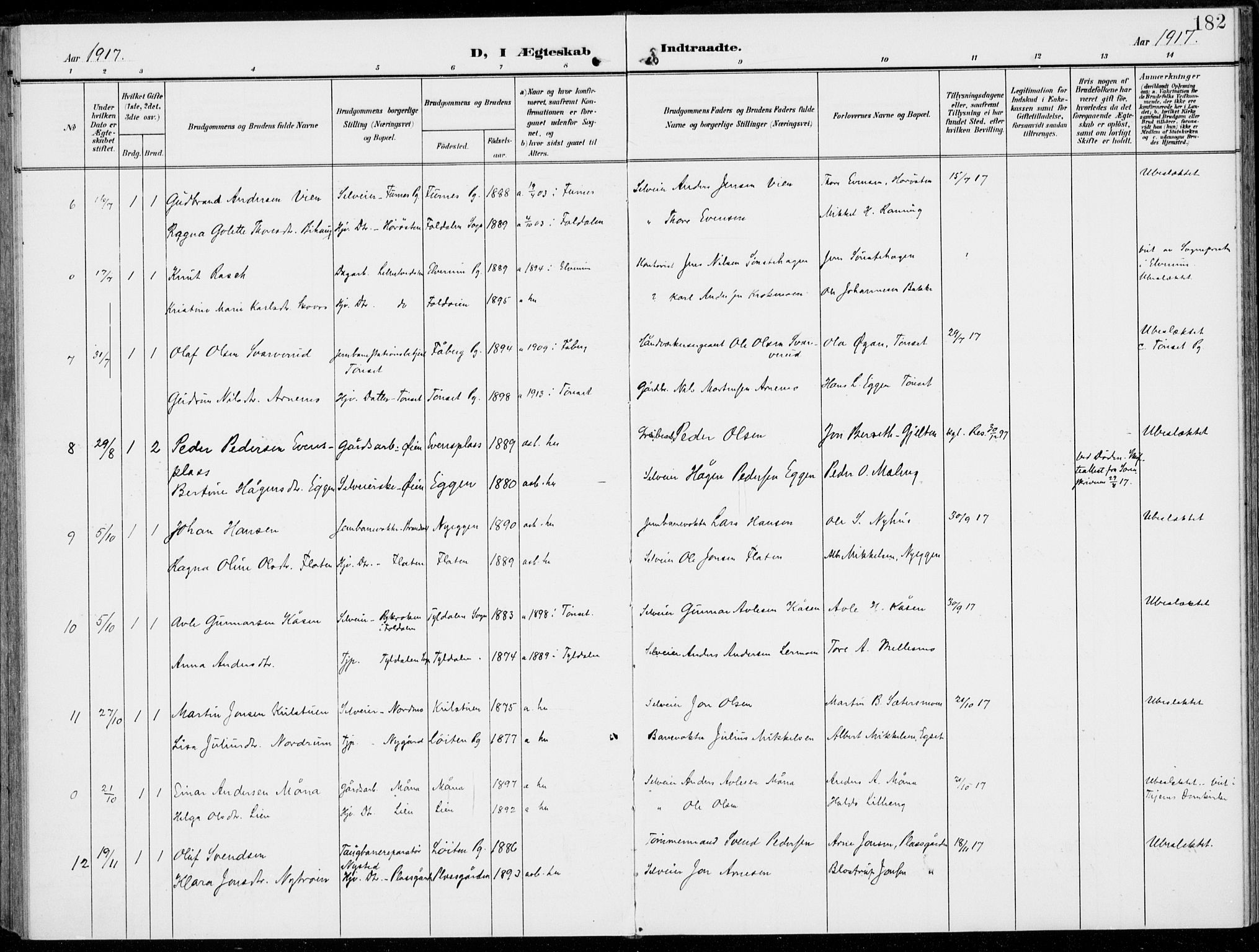 Alvdal prestekontor, SAH/PREST-060/H/Ha/Haa/L0004: Parish register (official) no. 4, 1907-1919, p. 182