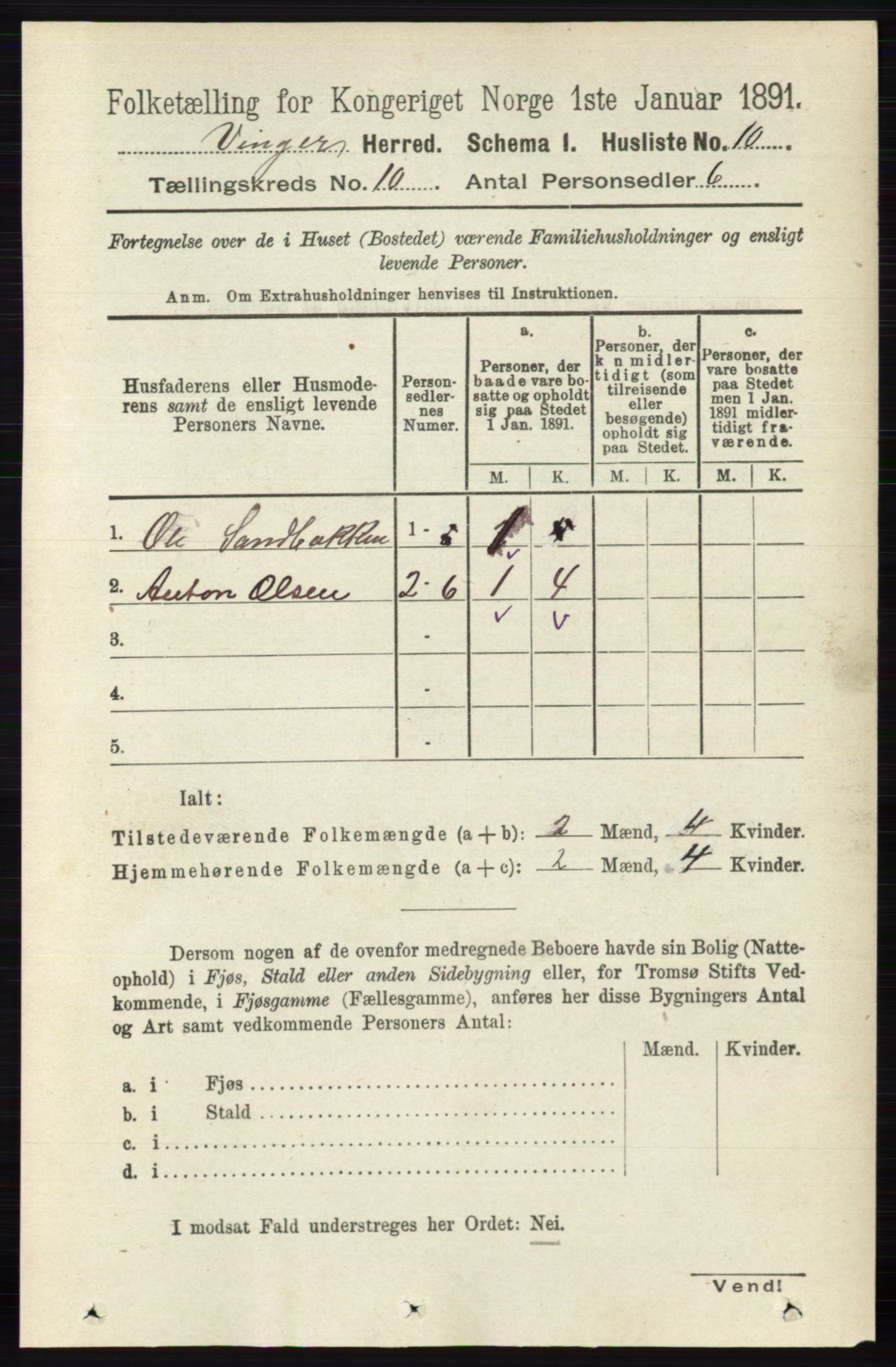 RA, 1891 census for 0421 Vinger, 1891, p. 4819