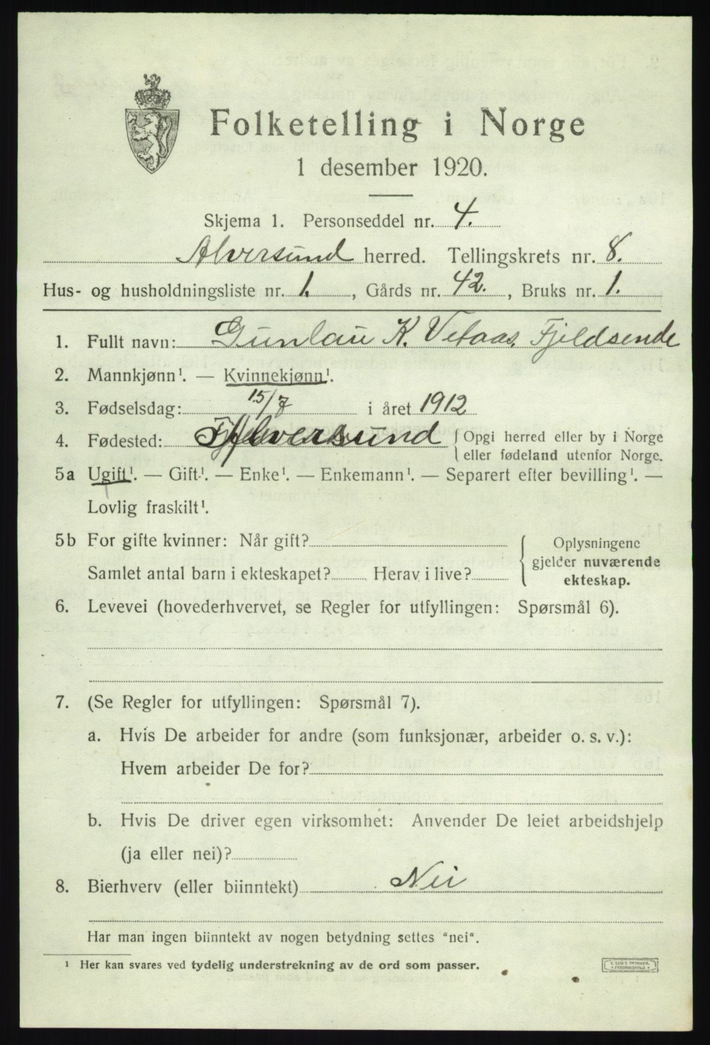 SAB, 1920 census for Alversund, 1920, p. 4842