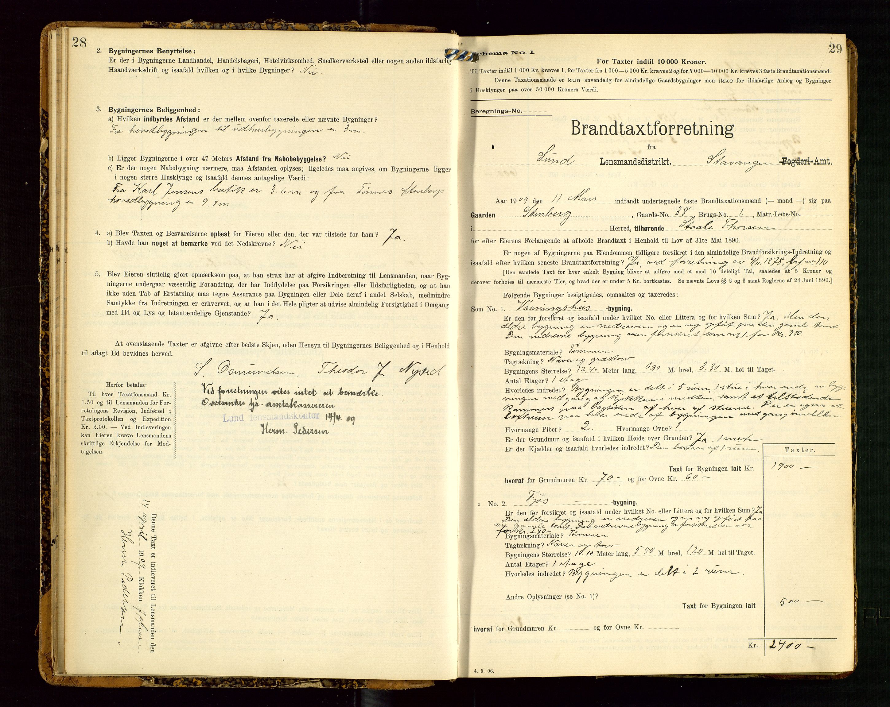 Lund lensmannskontor, AV/SAST-A-100303/Gob/L0002: "Brandtakstprotokol", 1908-1918, p. 28-29