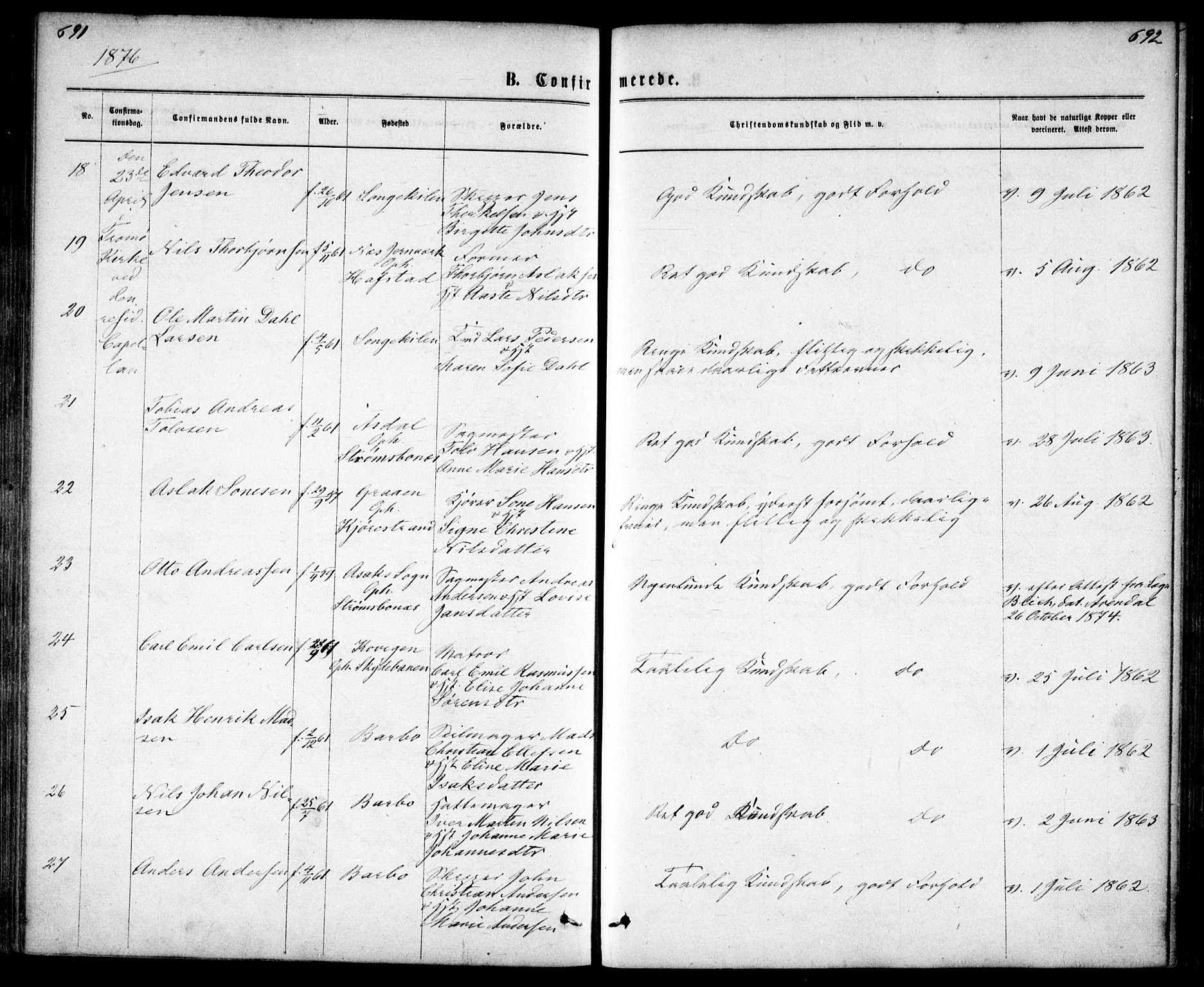 Tromøy sokneprestkontor, AV/SAK-1111-0041/F/Fa/L0008: Parish register (official) no. A 8, 1870-1877, p. 691-692