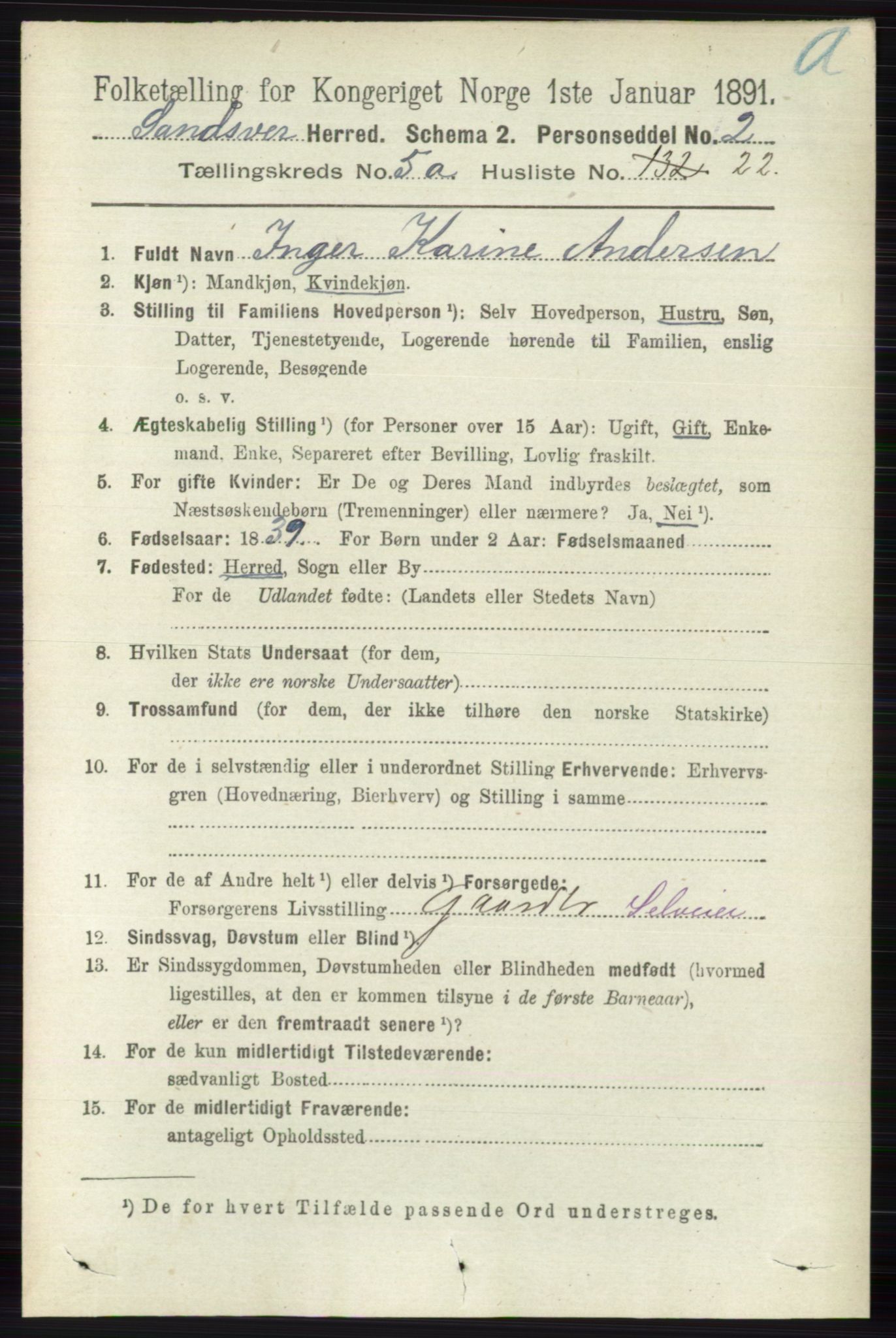RA, 1891 census for 0629 Sandsvær, 1891, p. 2604