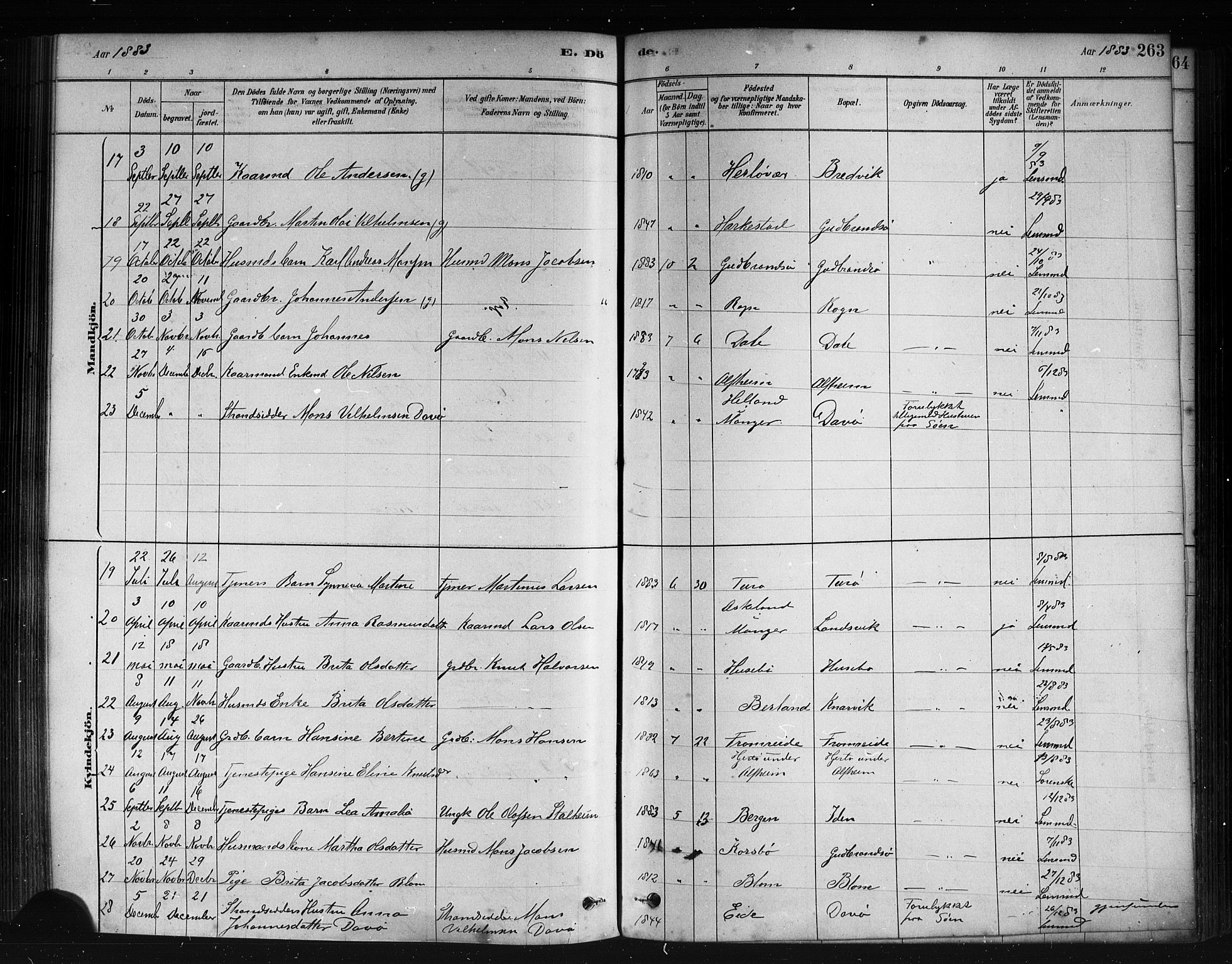 Herdla Sokneprestembete, AV/SAB-A-75701/H/Haa: Parish register (official) no. A 3, 1878-1890, p. 263