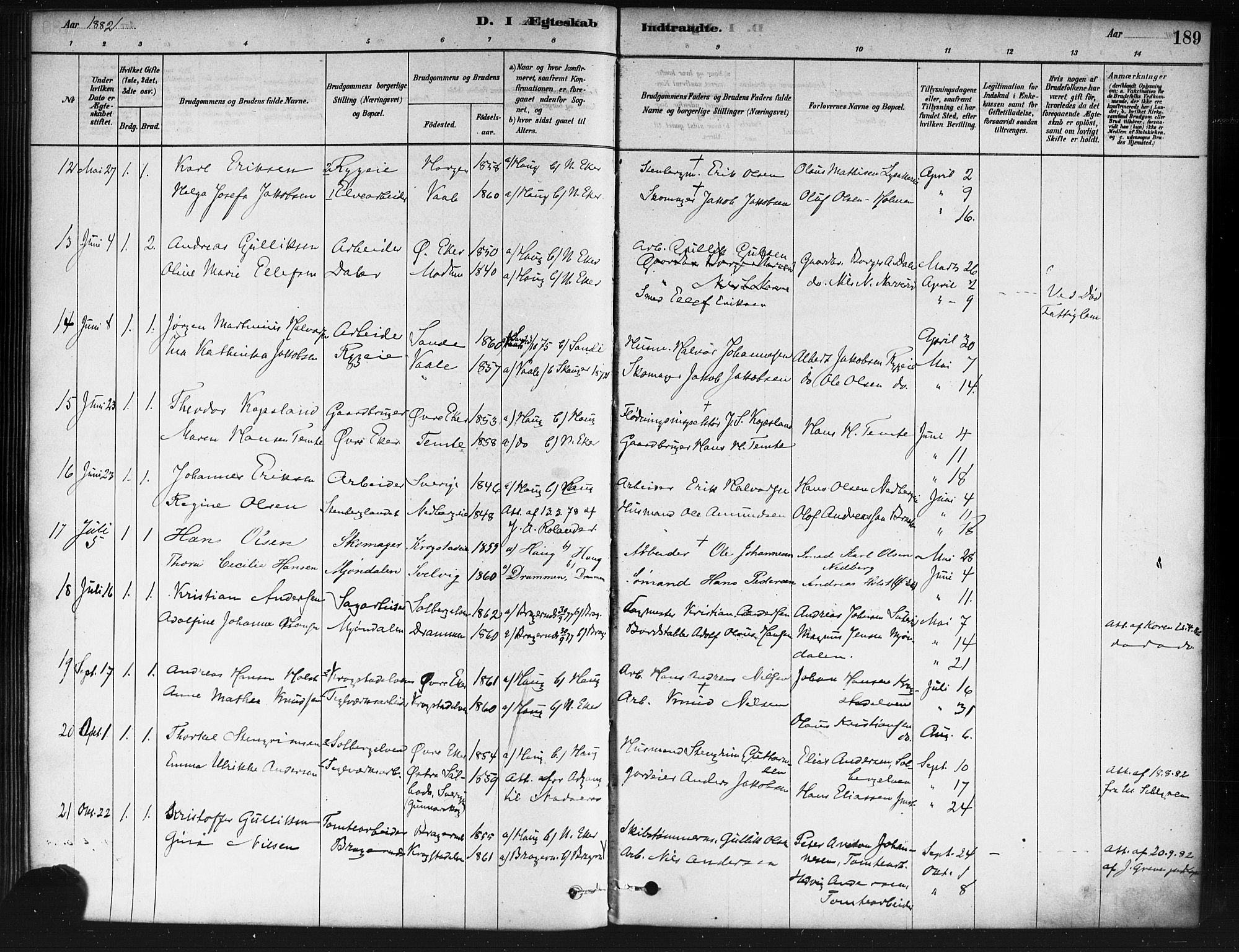 Nedre Eiker kirkebøker, SAKO/A-612/F/Fa/L0002: Parish register (official) no. 2, 1878-1885, p. 189