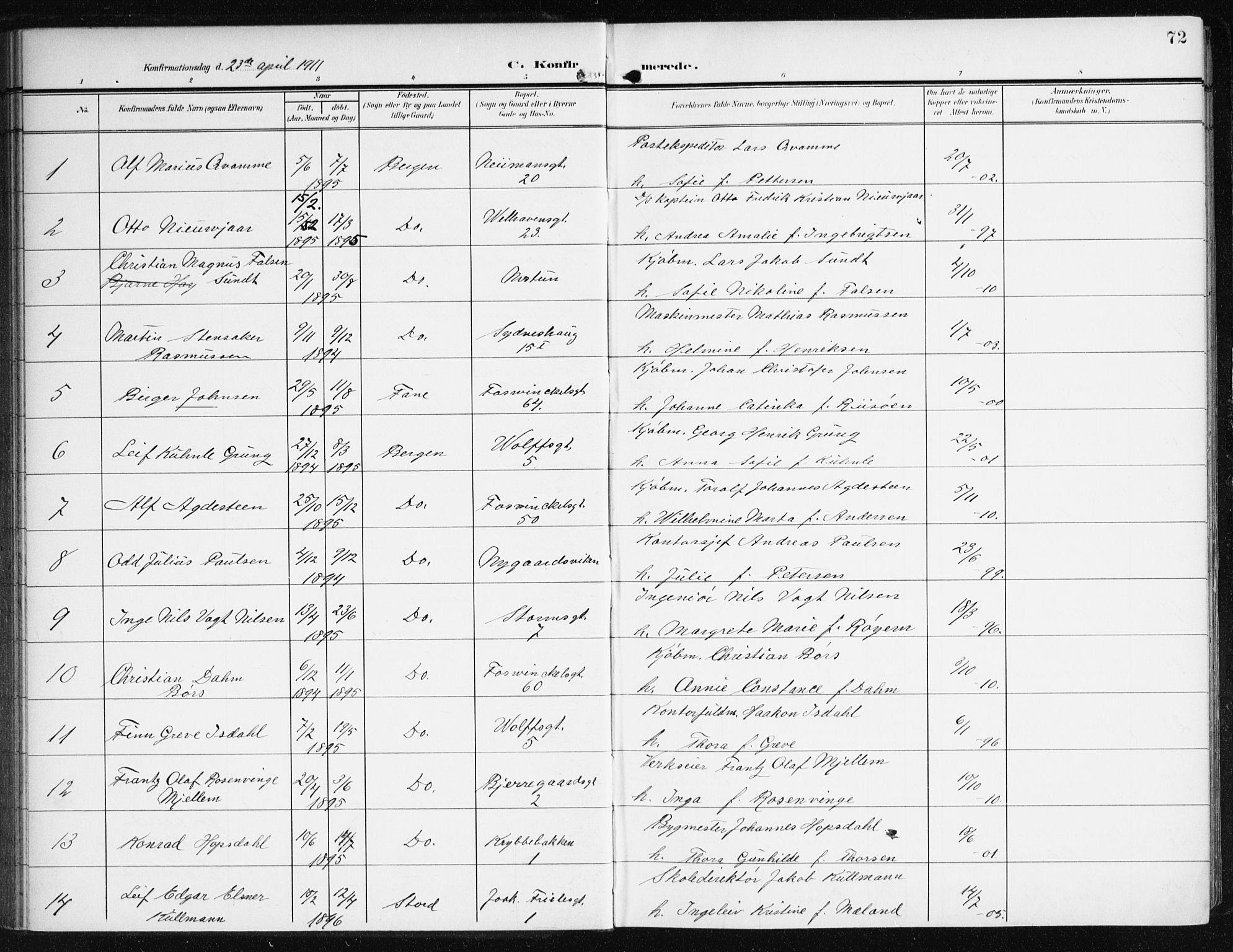 Johanneskirken sokneprestembete, SAB/A-76001/H/Haa/L0009: Parish register (official) no. C 2, 1907-1924, p. 72